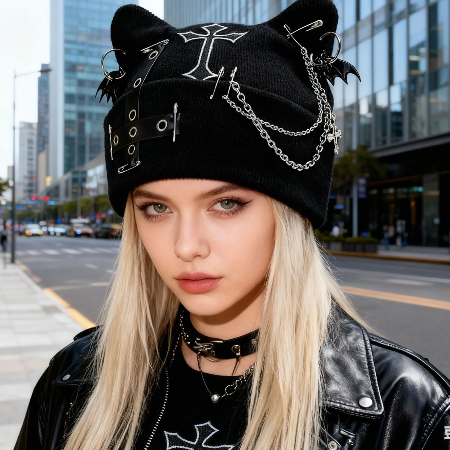 Goth Cat Beanie bonnet punk oreilles chat Y2K grunge tricoté streetwear chaîne femme festivals