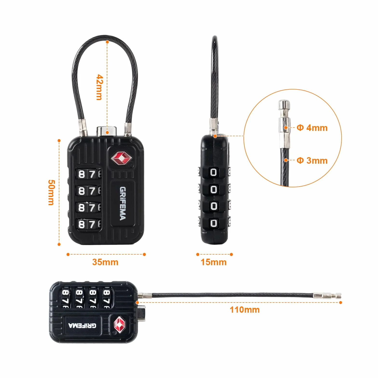 GRIFEMA GA1008 Cadenas à Combinaison 4 Chiffres Homologué TSA pour Bagages Noir