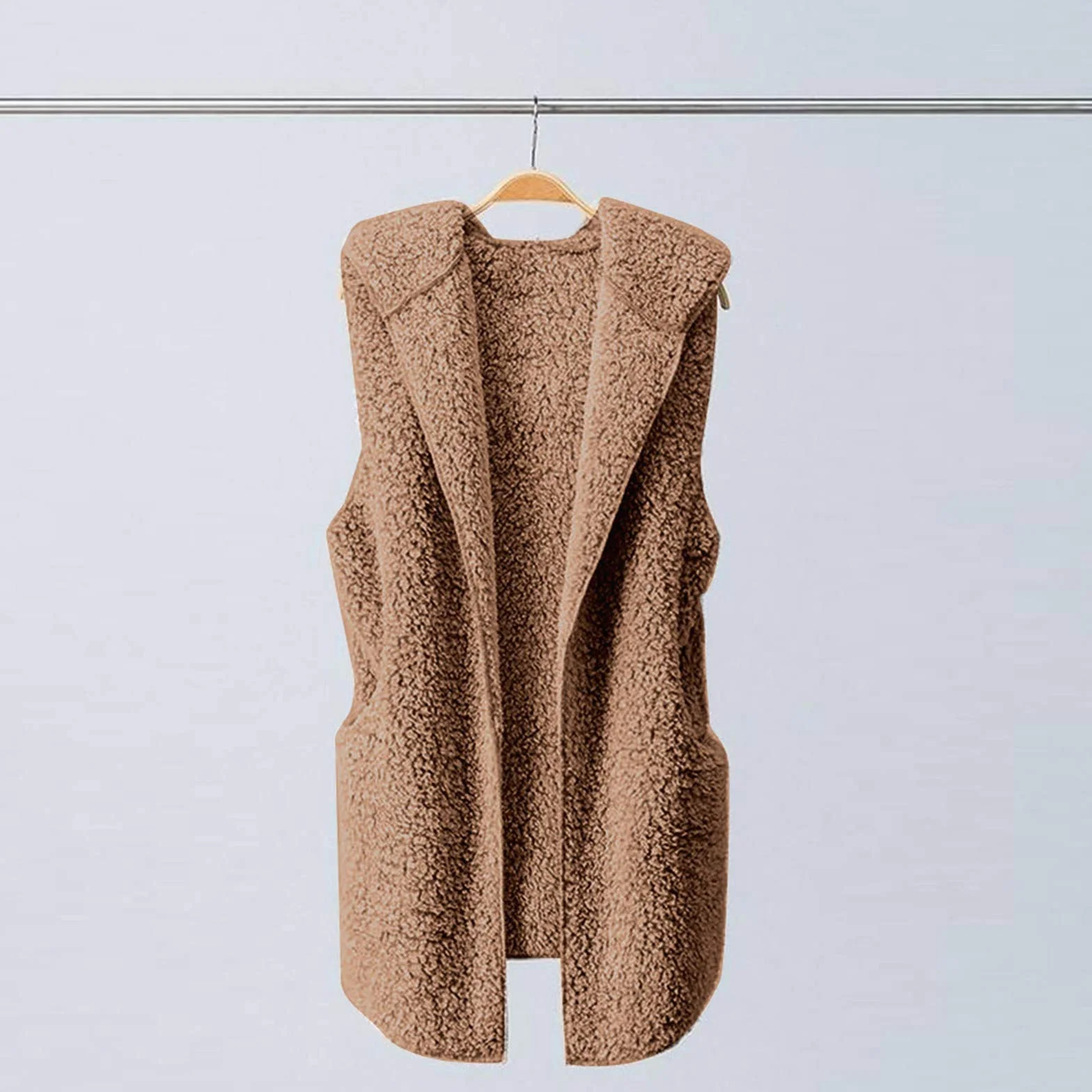 Gilet long en laine pour femme sans manches, veste chaude en peluche à capuche