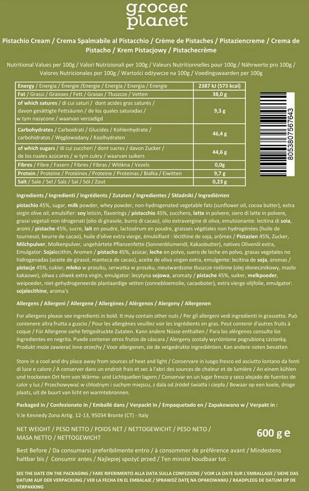 Grocer Planet - Crème Douce de Pistaches (600g) | Avec 45% de Pistaches | Cuisine Italienne Gourmet | Ideal pour les petits déjeuners et les desserts