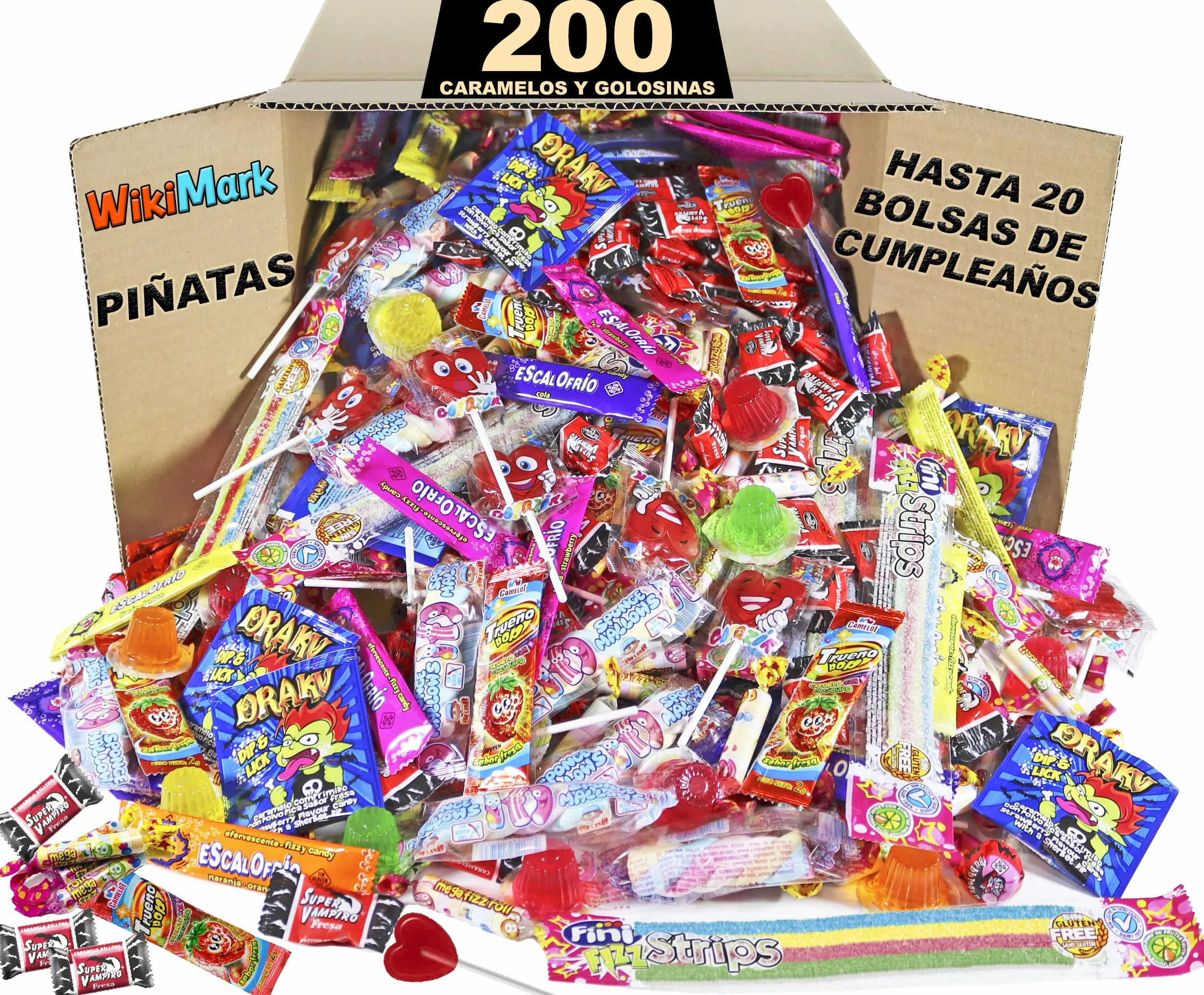 WikiMark Méga pack de 200 friandises et bonbons - Sans allergènes Pour anniversaire, fêtes pour enfants, Noël, Halloween, remplissage de piñatas Sans gluten et sans lait