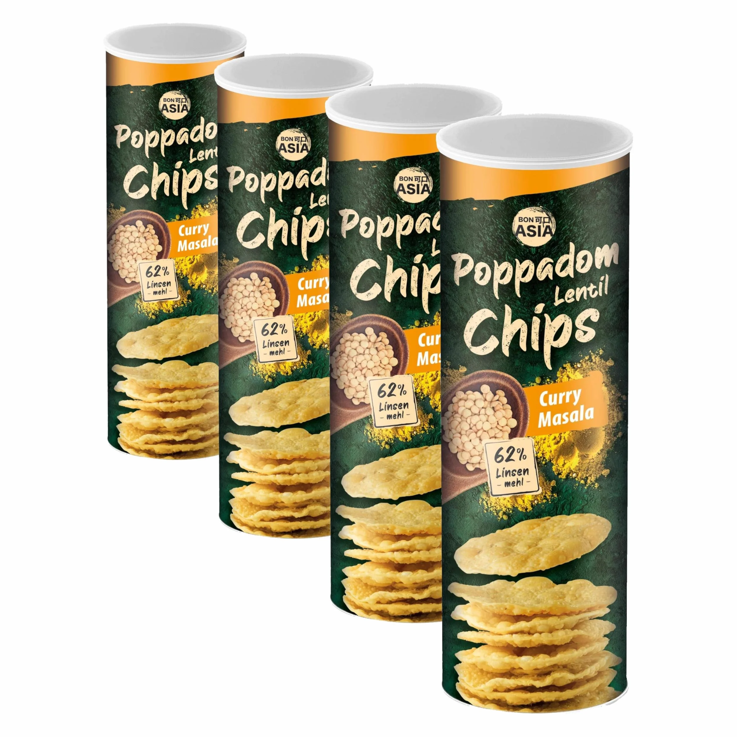 Bonasia Chips Papadum Curry Masala, élaborés à base de farine de lentilles 70 g (Lot de 4)