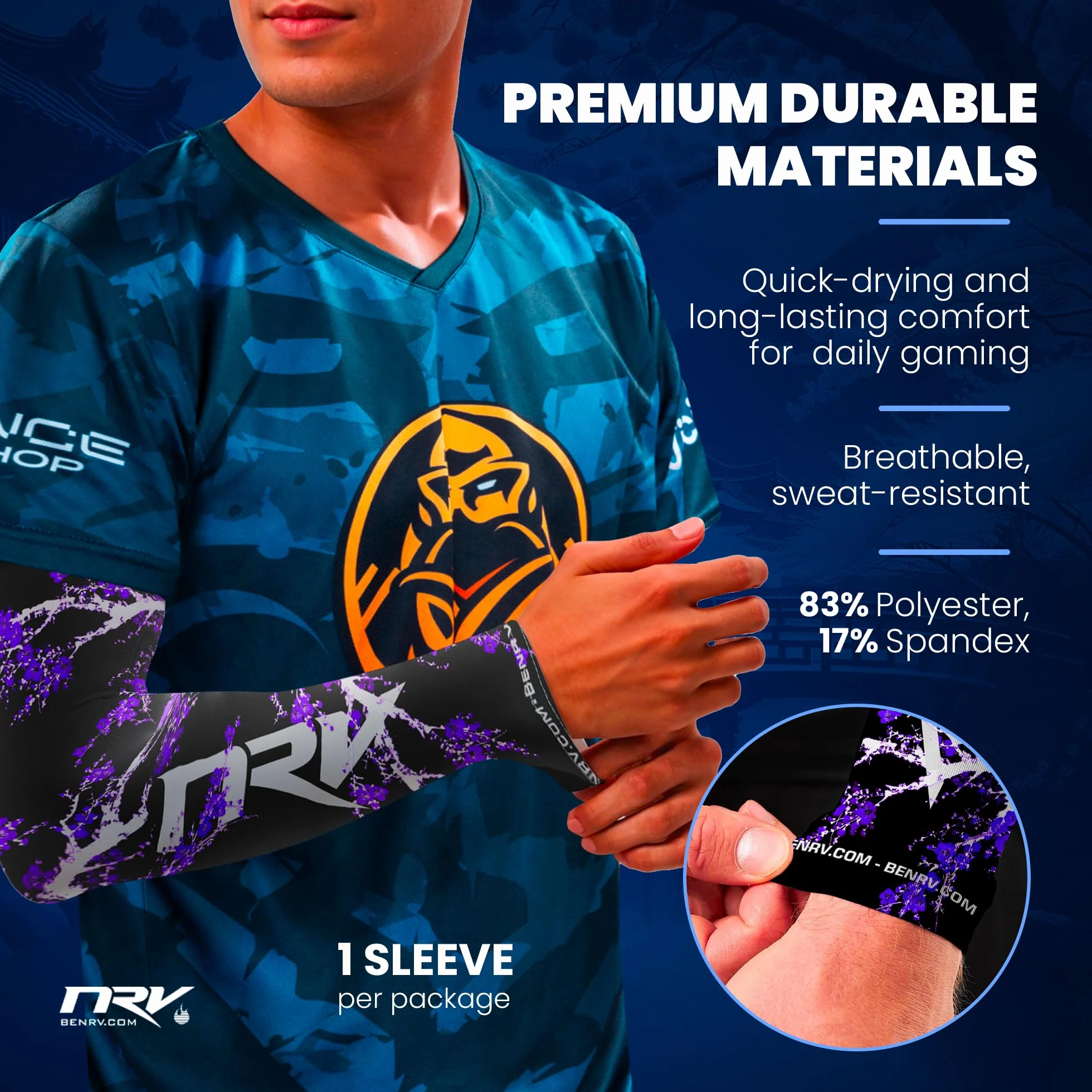 NRV Manchette Gaming eSport Dark Sakura – Compression Confort & Contrôle – Anti-Friction – Design Japonais Élégant – Noir & Violet – Taille S à 3XL