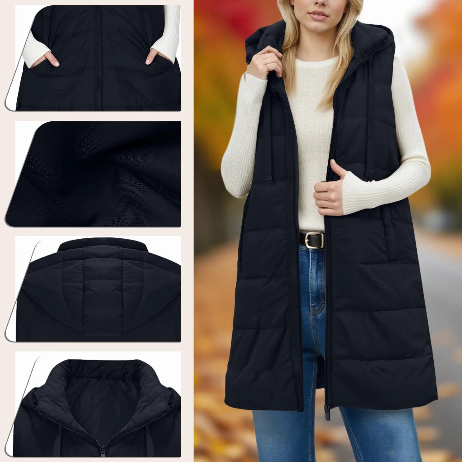 Femme Doudoune Sans Manches Avec Capuche Longue Gilet Chaud Légère Veste Hiver Poches
