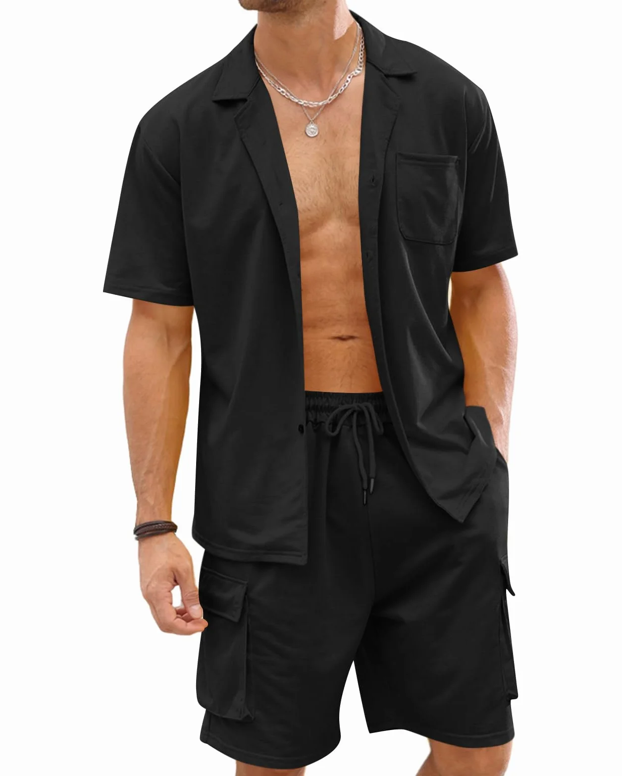 Fastkoala Homme Ensemble 2 Pièces Chemise Shorts Survêtement Costume Plage