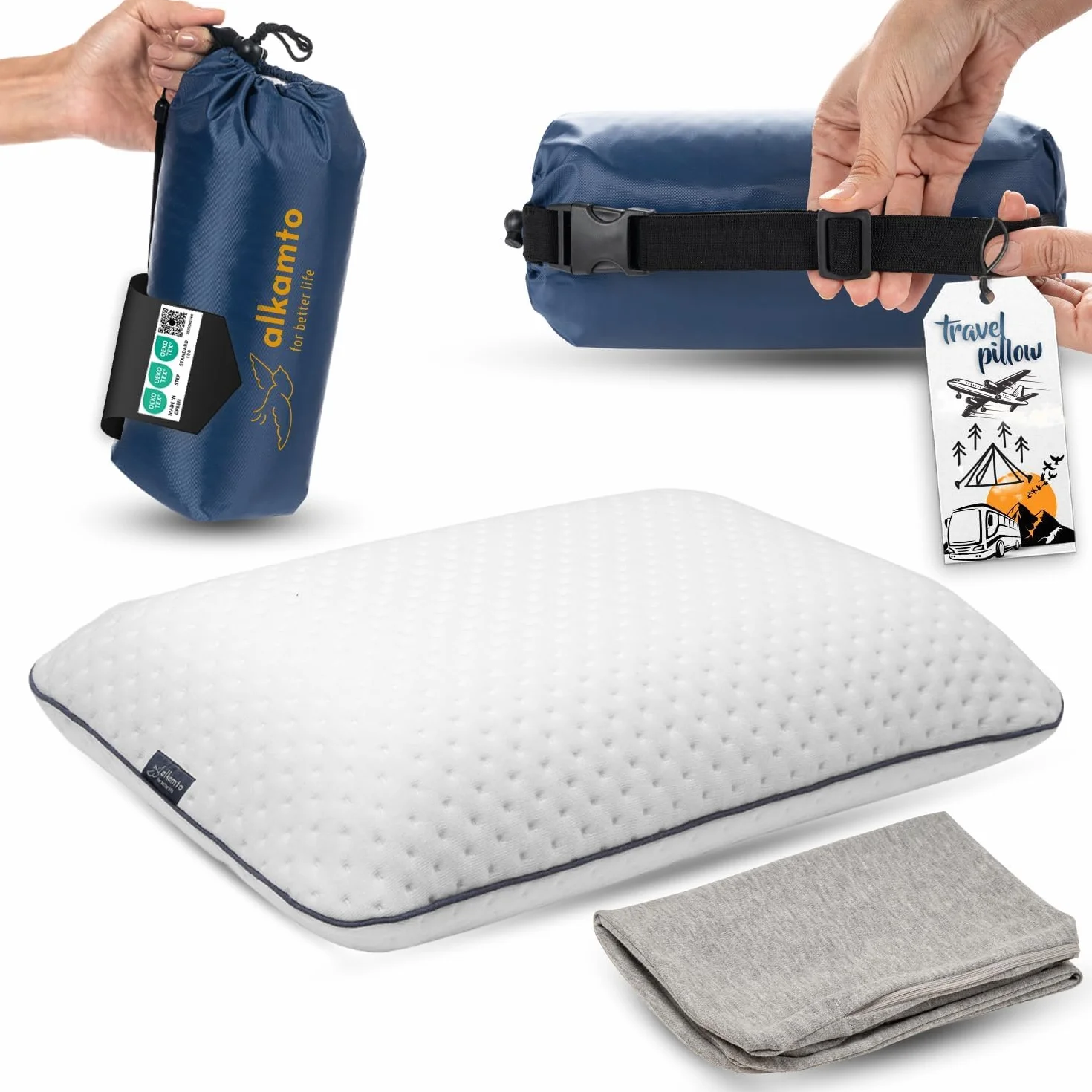 Oreiller de Voyage Oreiller de Camping Mousse à Mémoire de Forme Housse en Coton Sac Inclus