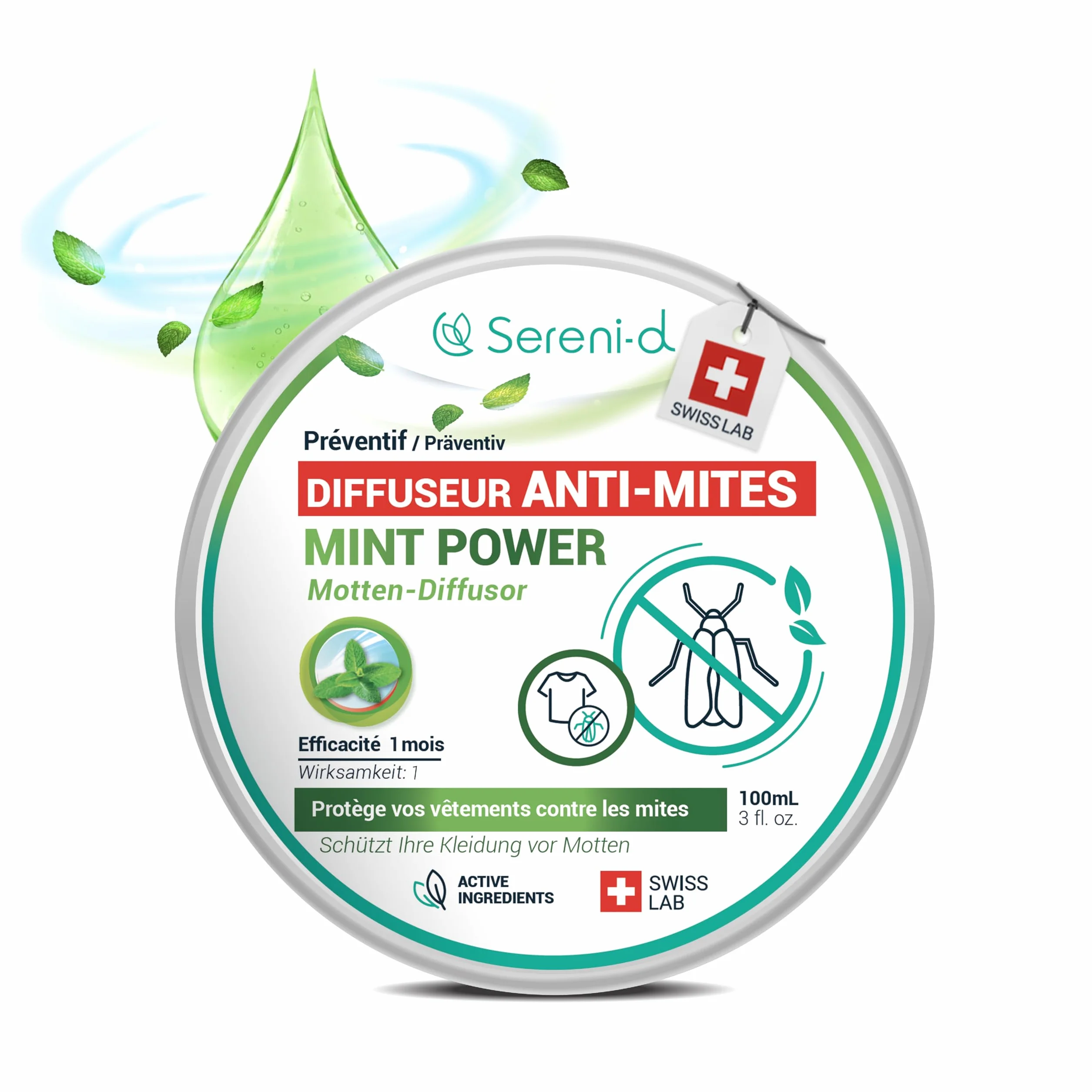 SERENI-D Diffuseur ANTI-MITES Textiles MINTPOWER - Protection répulsive des Vêtements, Lainages et Fourrures - Parfum Menthe - Action immédiate et protège les placards des nouvelles infestations