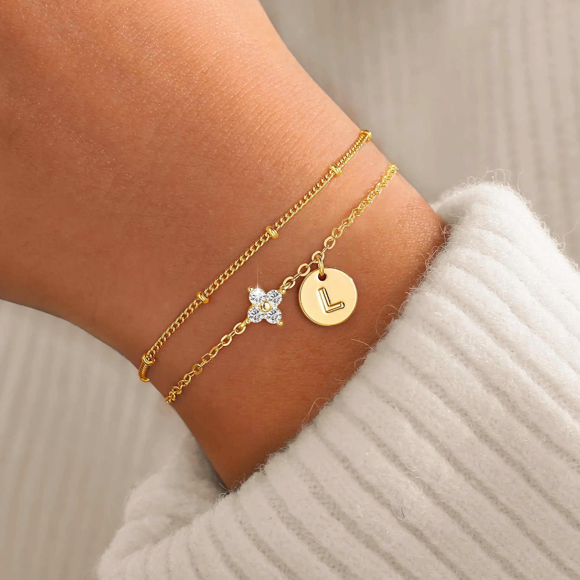 TINGN bracelet femme plaqué or 14 carats lettre trèfle quatre feuilles
