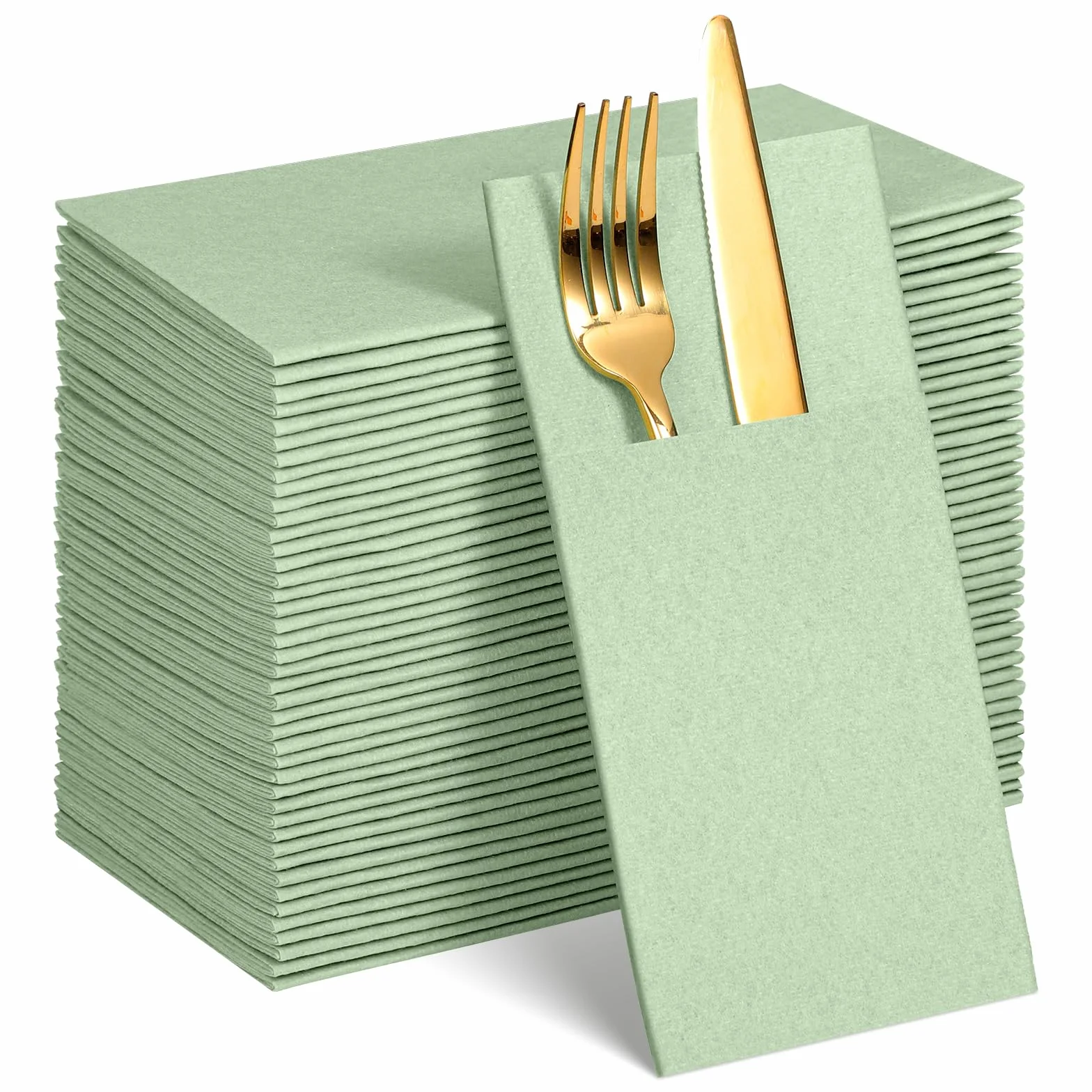 Lot de 60 serviettes de table jetables en lin avec poche intégrée pour couverts, mariage, fête prénatale, fête de mariage (vert sauge)