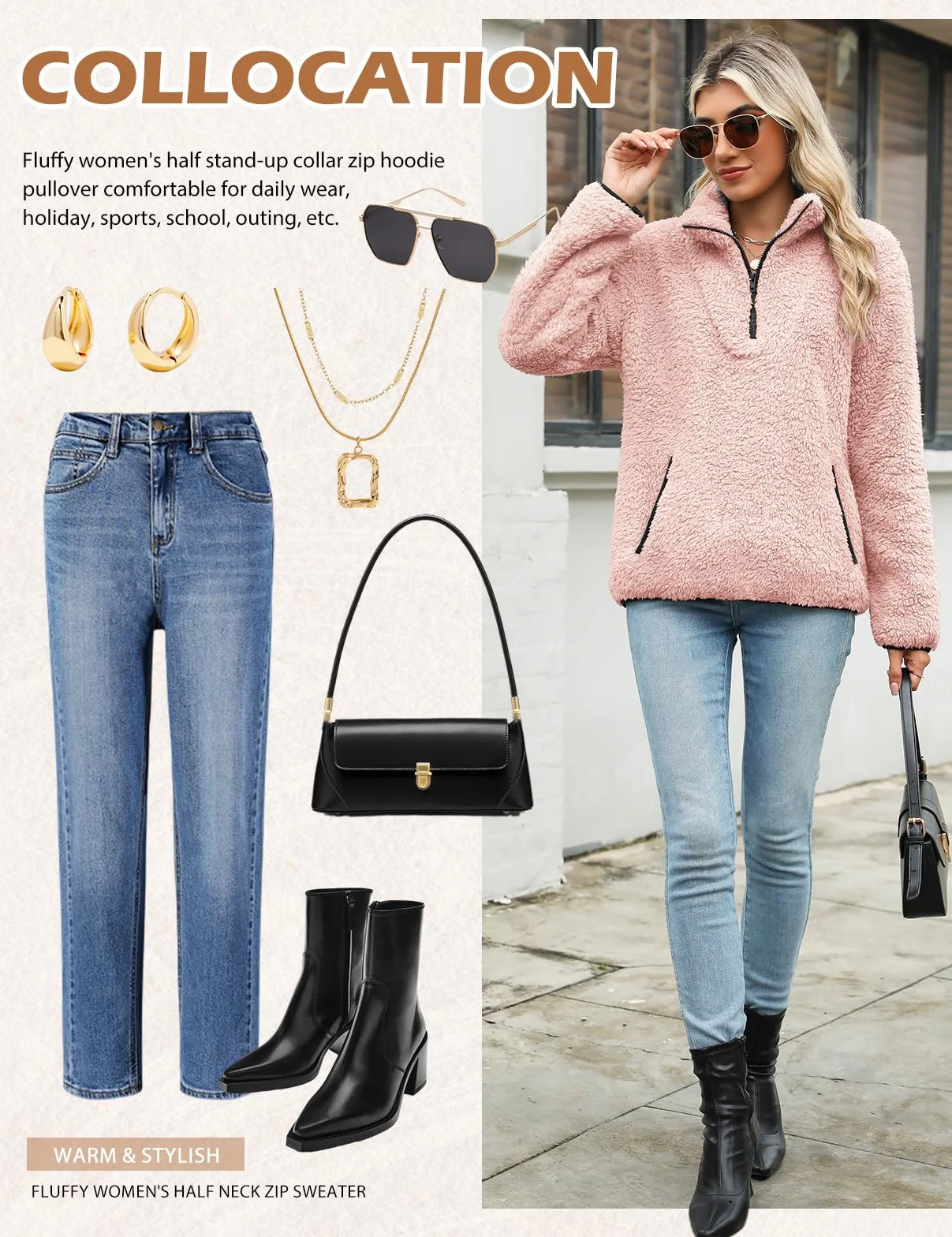 Pulls Sweatshirt Polaire Femme Hiver Manches Longues Chaud avec Poche 1/4 Zippé