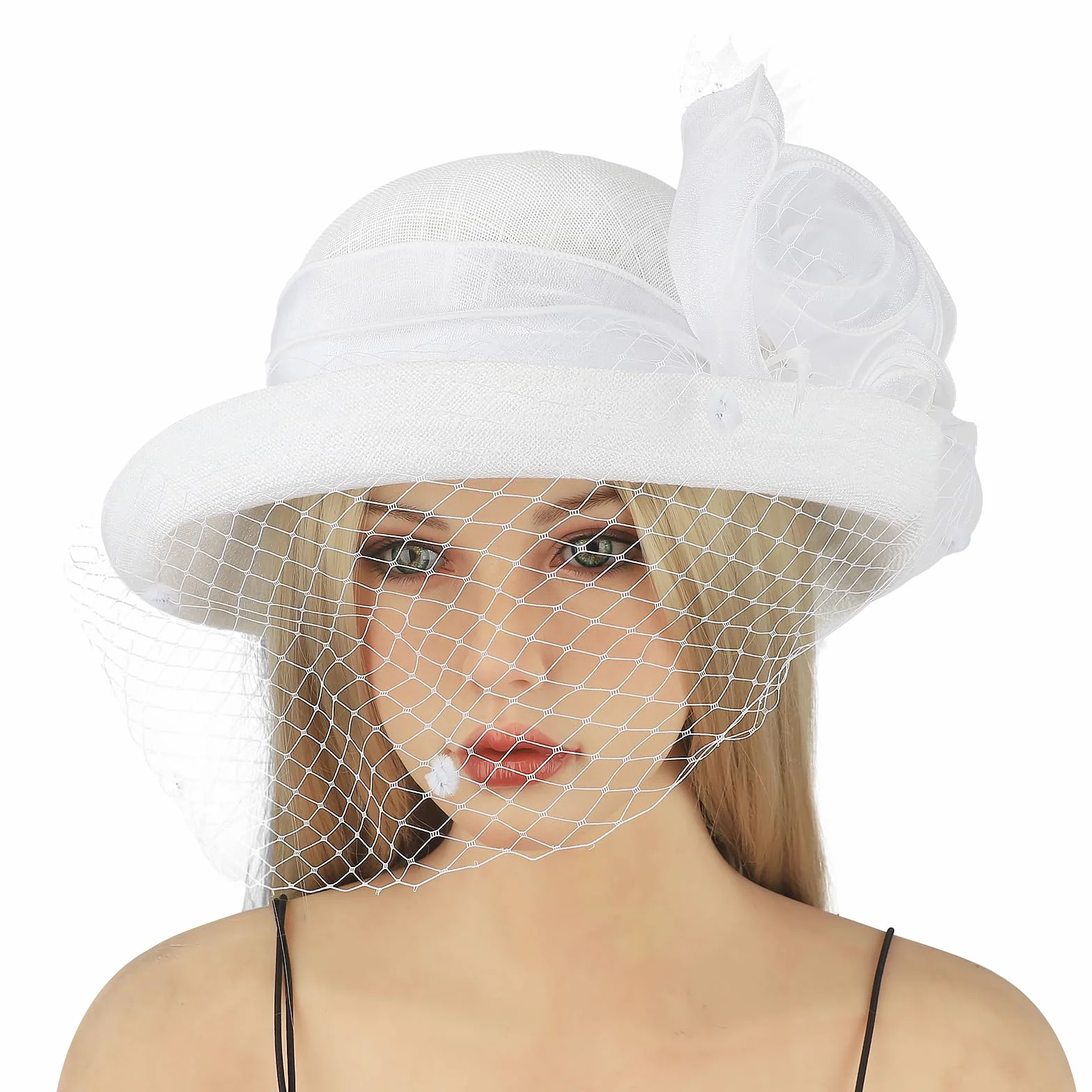 Chapeau Cloche Femme Vintage avec Voilette et Fleurs Années 20 Capeline Rétro été Mariage