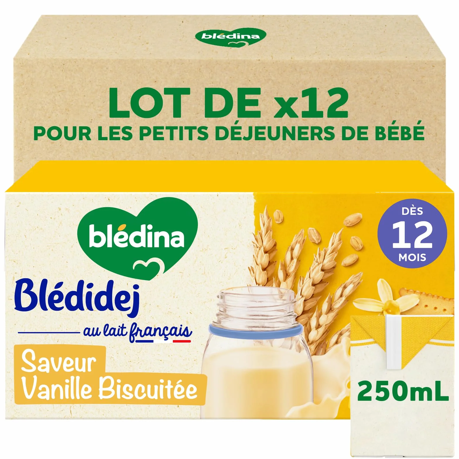 Blédina Blédidej Céréales bébé Biscuité Saveur Vanille Dès 12 Mois Lait bébé petit-déjeuner Calcium Vitamine C Fer Oméga 3 Format Pratique 12x250 mL