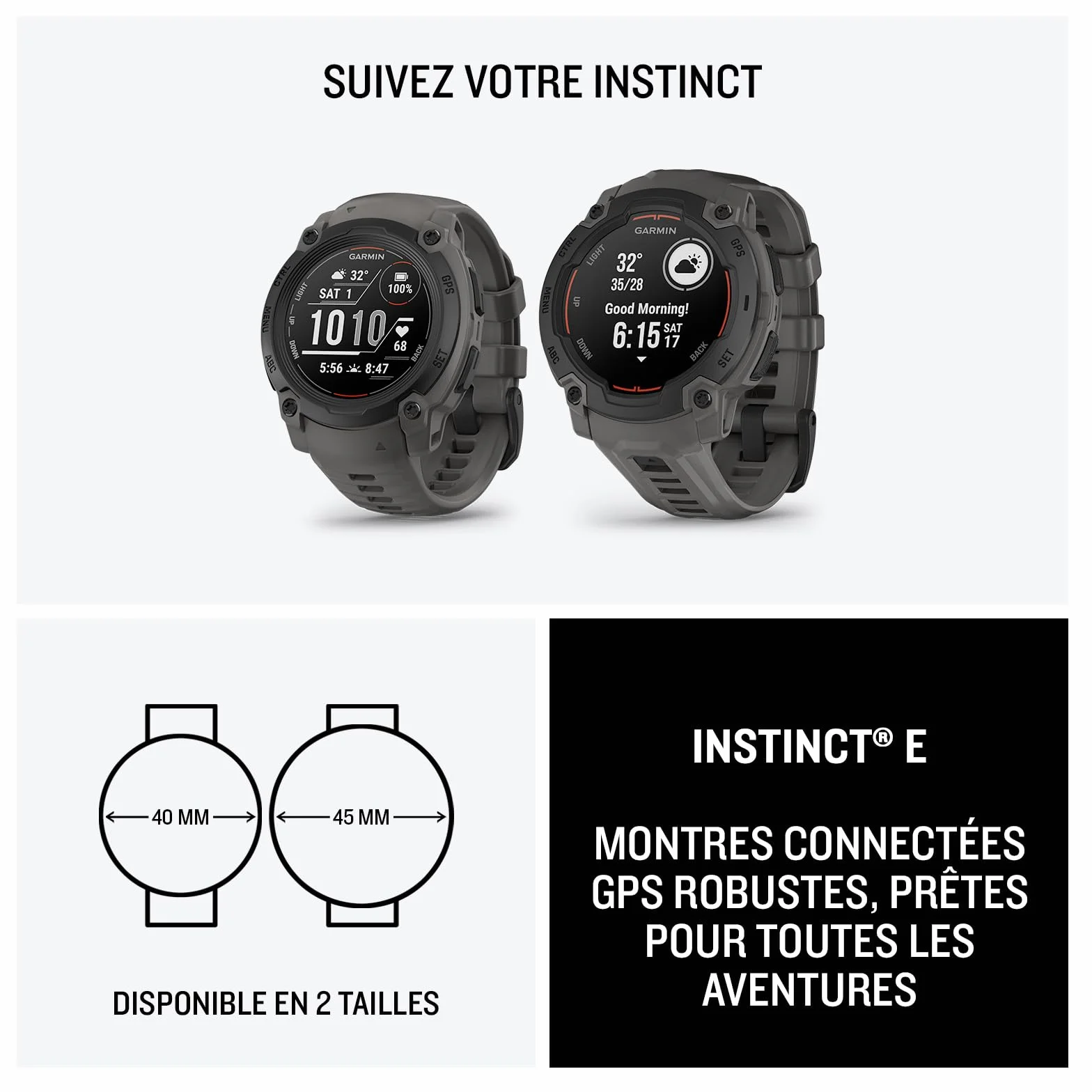Garmin Instinct E Montre GPS Robuste Noir Bracelet Gris Charbon 40 mm