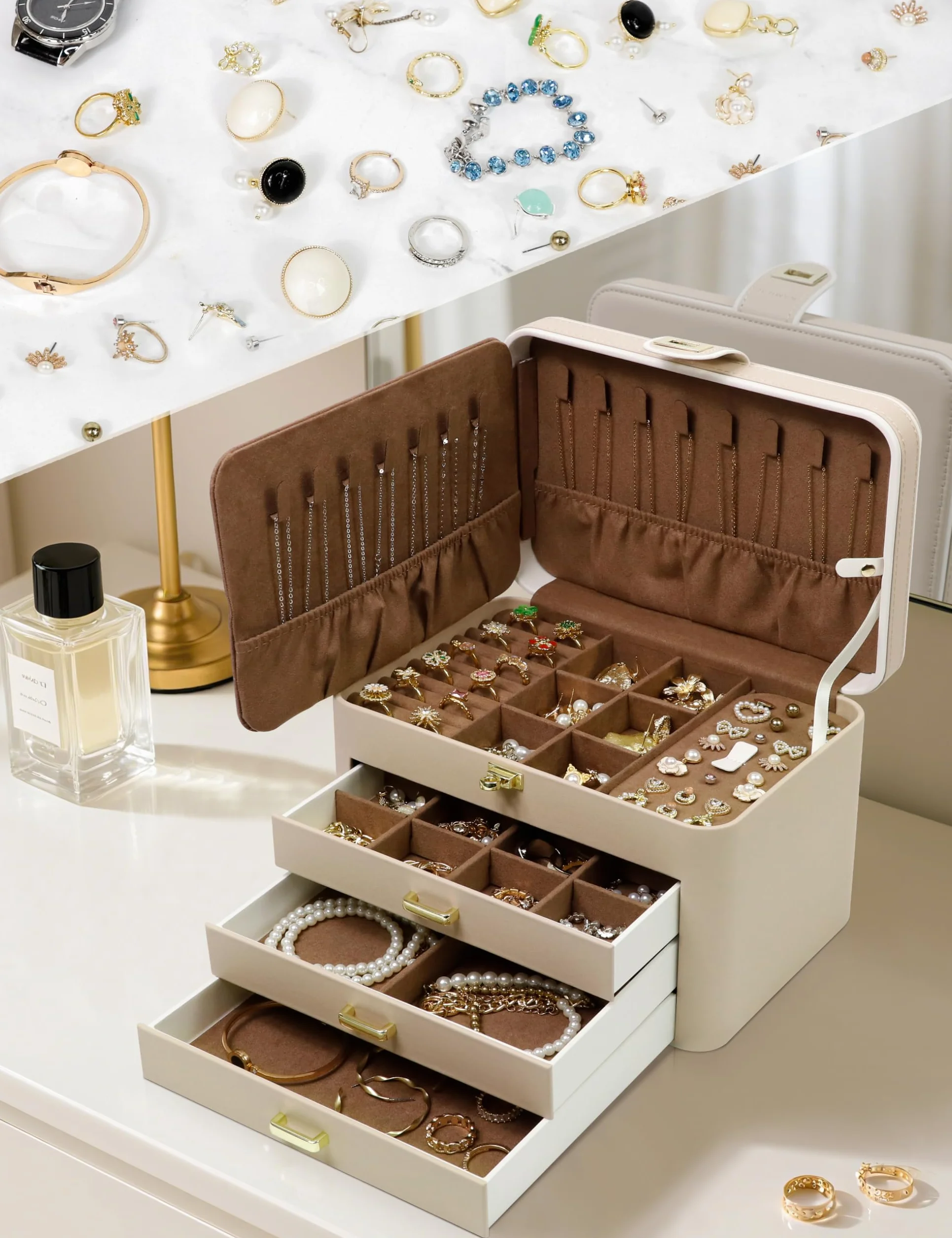 KAMIER Grande boîte à bijoux pour femme – Organiseur en cuir 4 niveaux avec serrure et miroir, beige