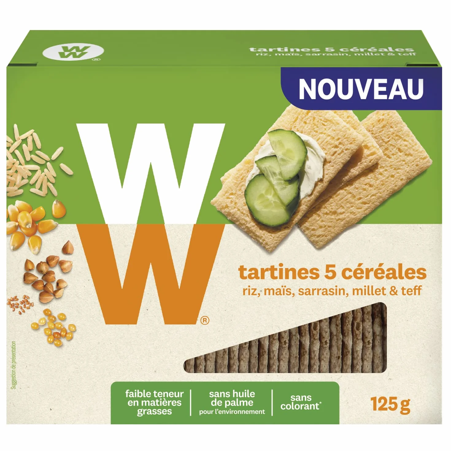 WW Tartines 5 Céréales, Faible teneur en matières grasses, Sans huile de Palme, 1 boîte, 125g, 220283