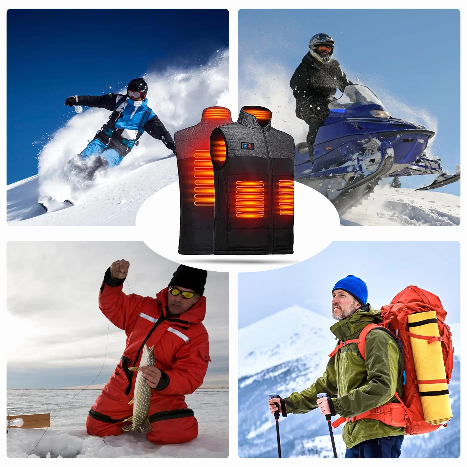 Gilet Chauffant électrique Homme Femmes 4 zones USB ultraléger Ski moto Pêche Camping