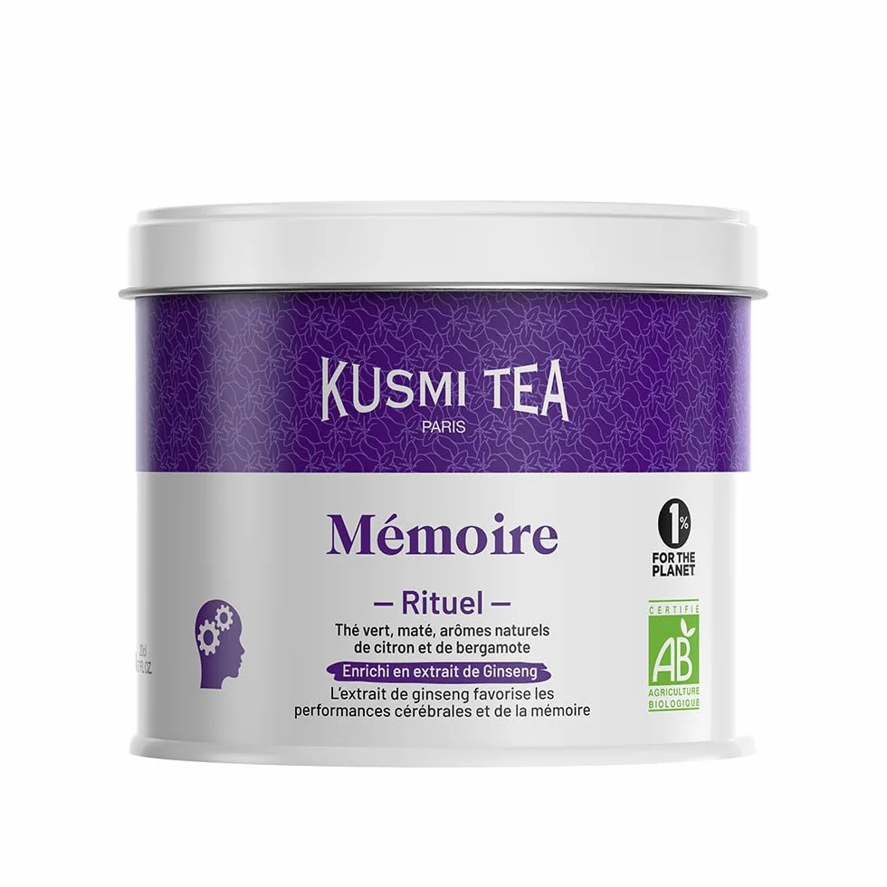 Kusmi Tea - Rituel Mémoire - Thé Vert, Maté Bio - Enrichi en extrait de Ginseng - Arômes Naturels de Citron et de Bergamote - Boîte Thé Métal 100g - Quantité pour environ 50 Tasses