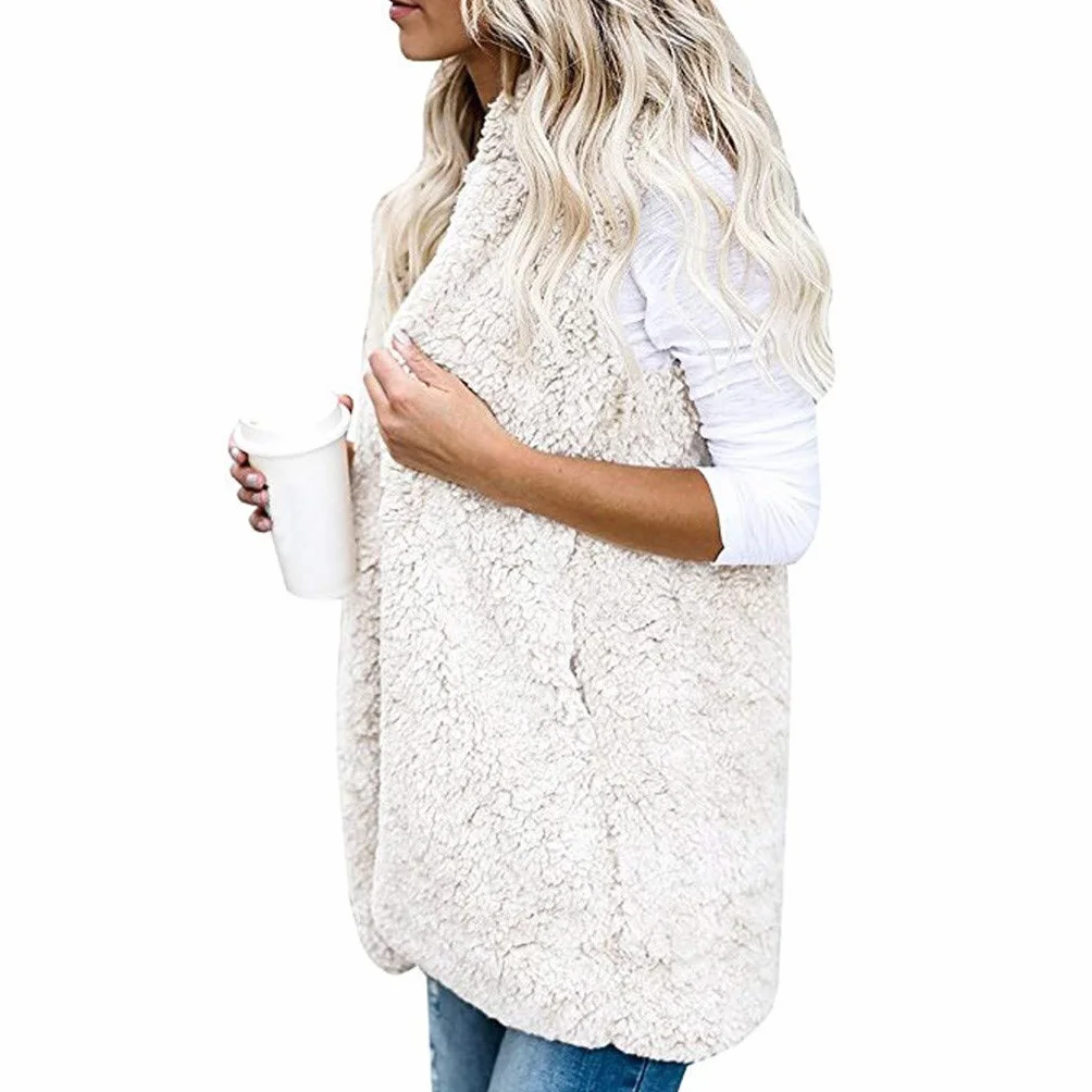 Gilet long sans manches en polaire chaude pour femme capuche surdimensionné avec poches