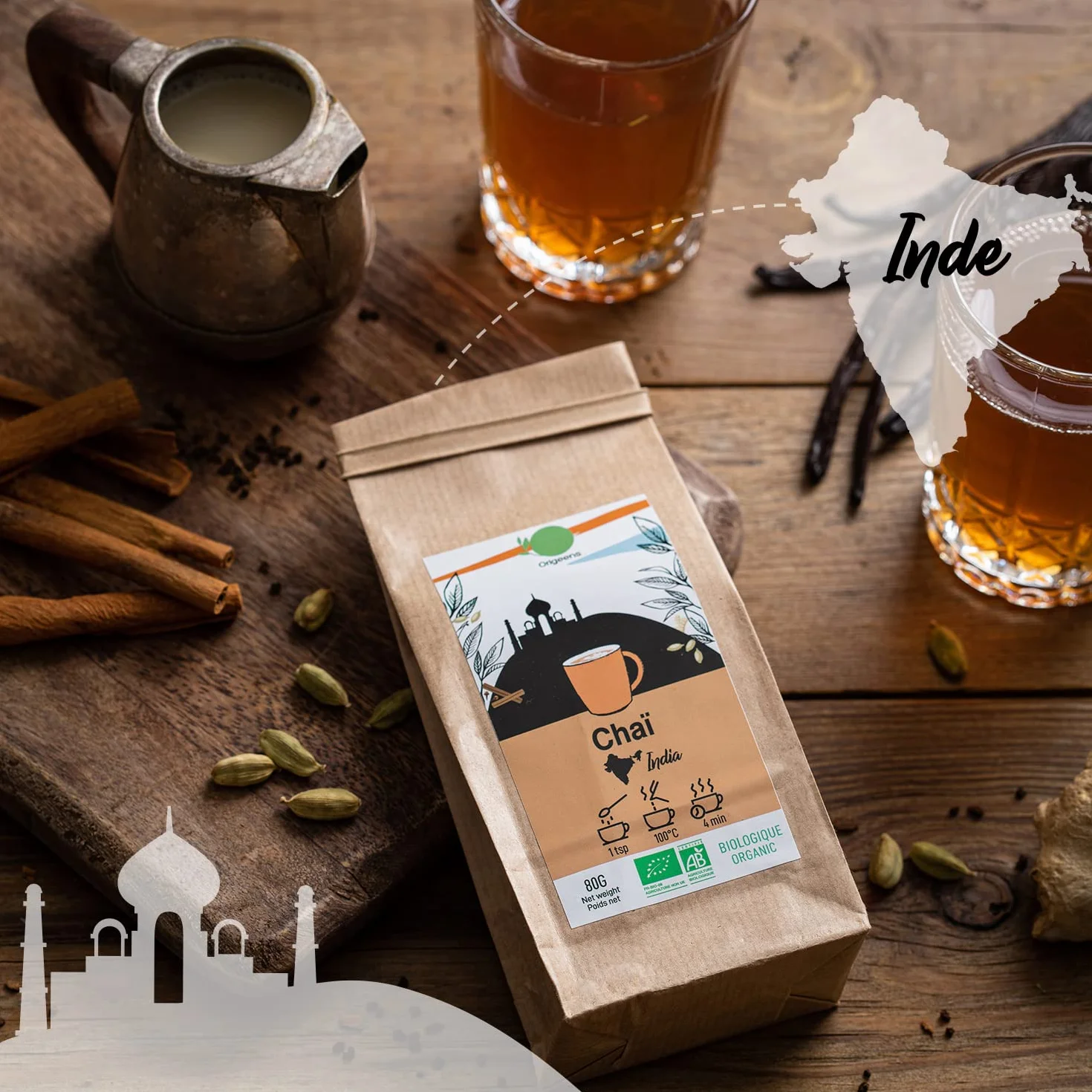 ORIGEENS COFFRET THÉ BIO BOISSONS DU MONDE - Hibiscus, Maté, Thé Chai, Thé vert Genmaicha - Assortiment thé 4x80gr - Coffret thé à offrir