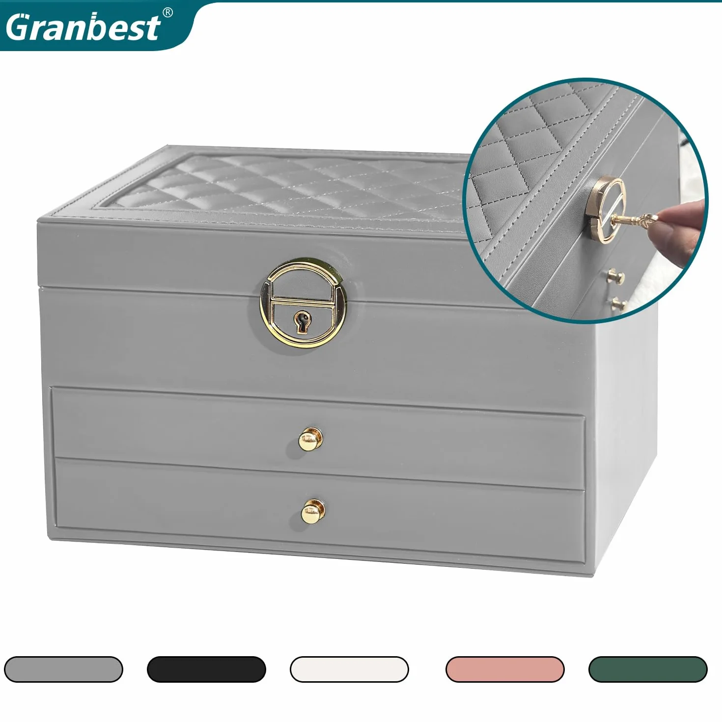 Granbest Coffret à bijoux en cuir 3 niveaux 2 tiroirs Gris