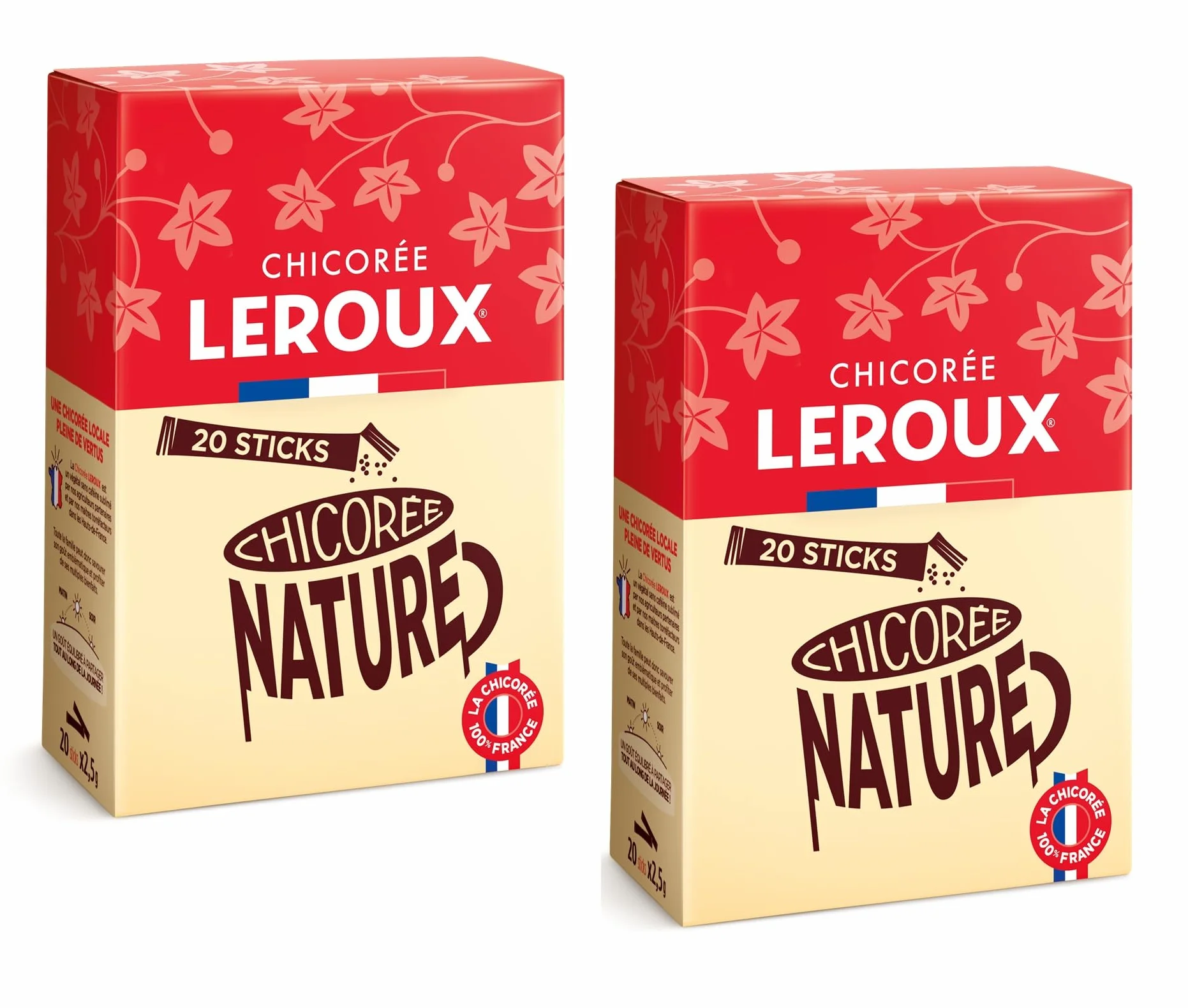 Leroux - Chicorée Soluble Nature en Sticks - 100% d'Origine Végétale - Chicorée Torréfiée, Goût Naturel - Riche en Fibres, Sans Sucres Ajoutés - Boite de 20 Sticks - Lot de 2