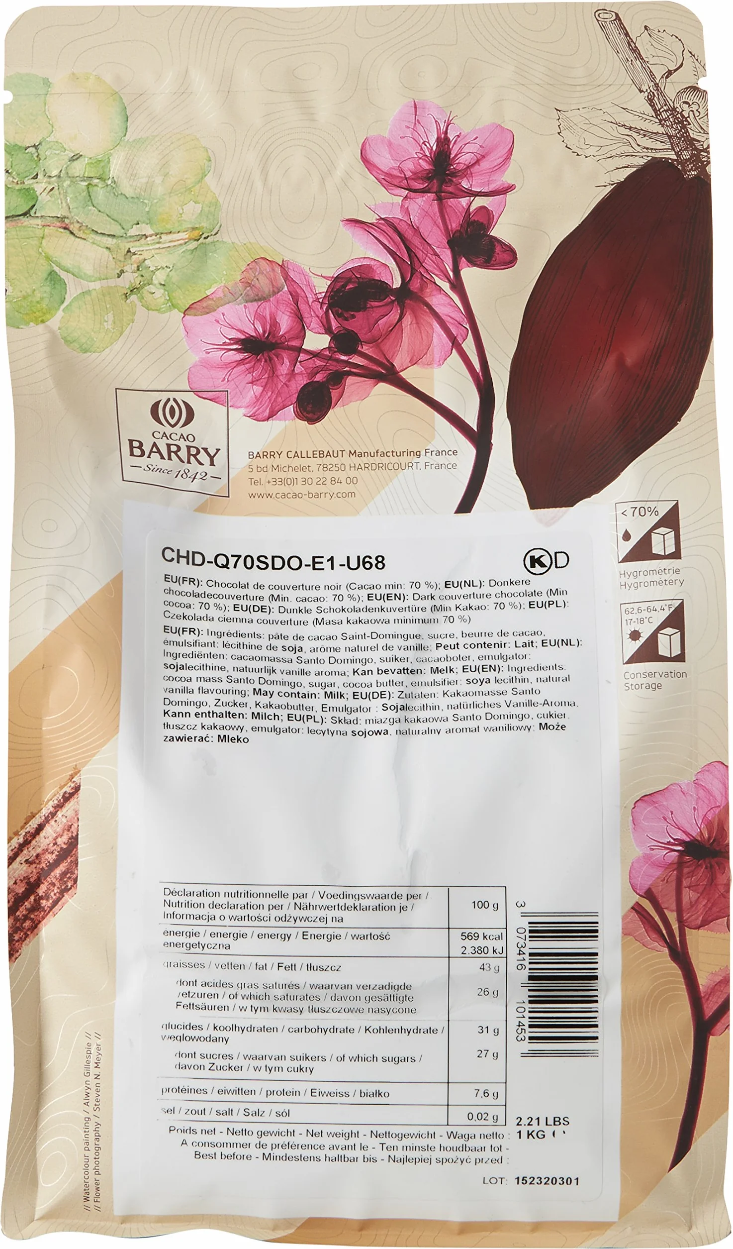 CACAO BARRY CHD-Q70SDO-2B-U73 - 70% Min Cacao Chocolat Saint Domingue Pistoles 1 kg