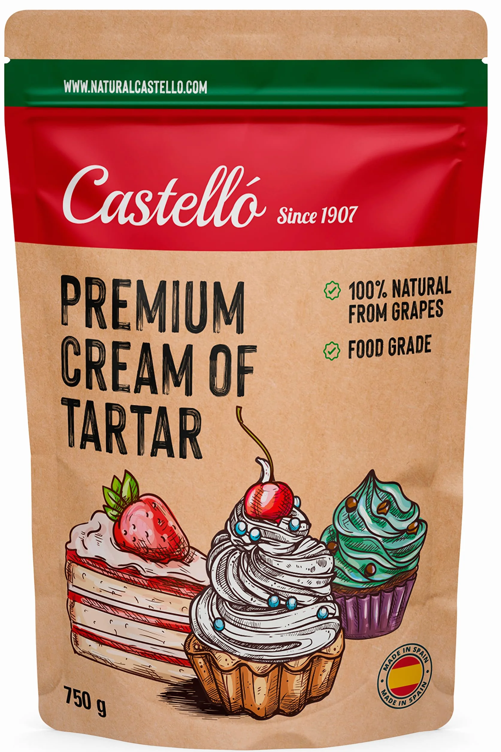Castello since 1907 Crème de tartre 750 g | 100% Naturel, Substitut Naturel de la levure chimique, Sans Gluten, Sans Phosphates, Keto et Paleo