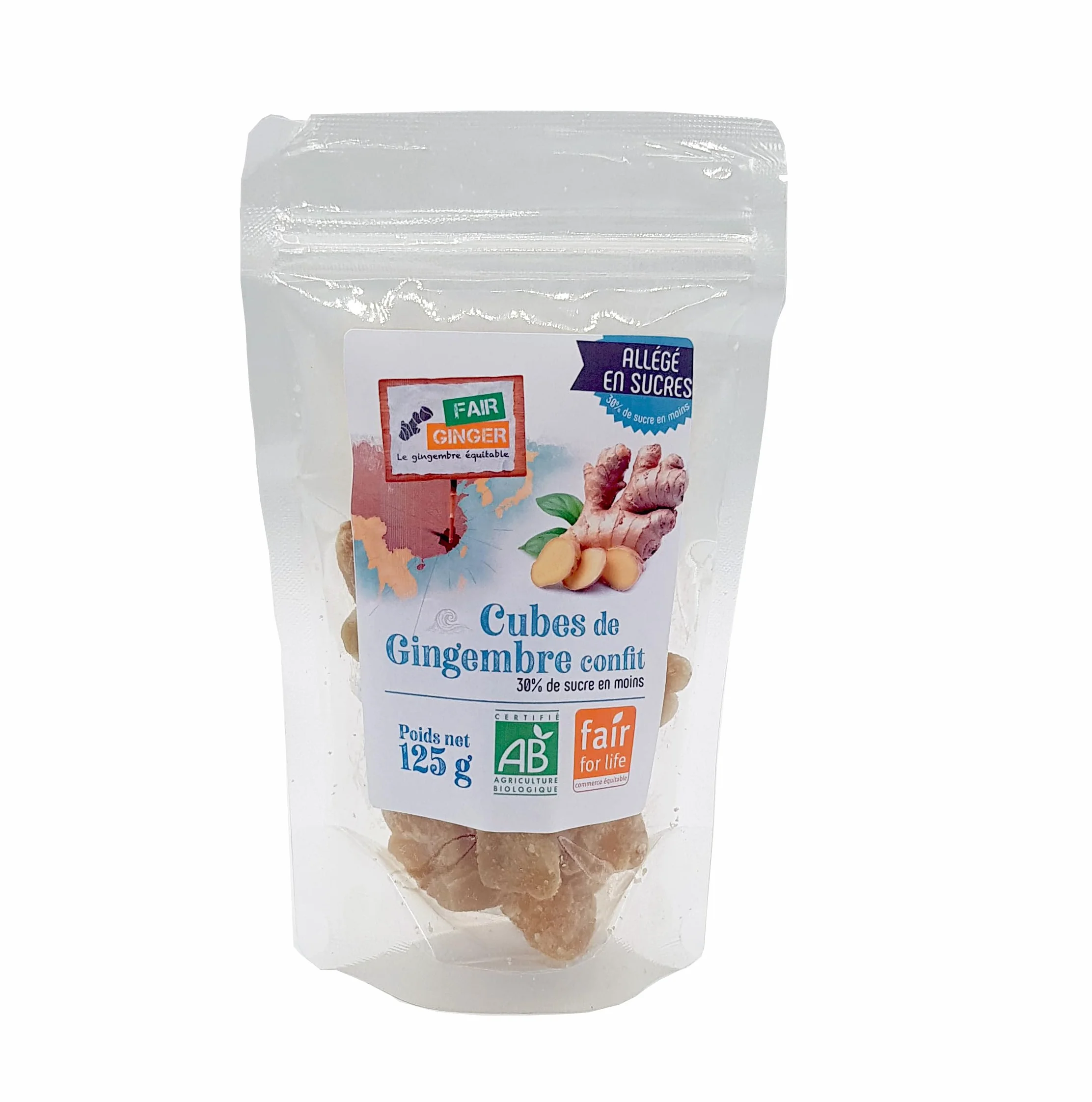 Gingembre confit allégé en sucre BIO en cubes 125G - Fair Ginger