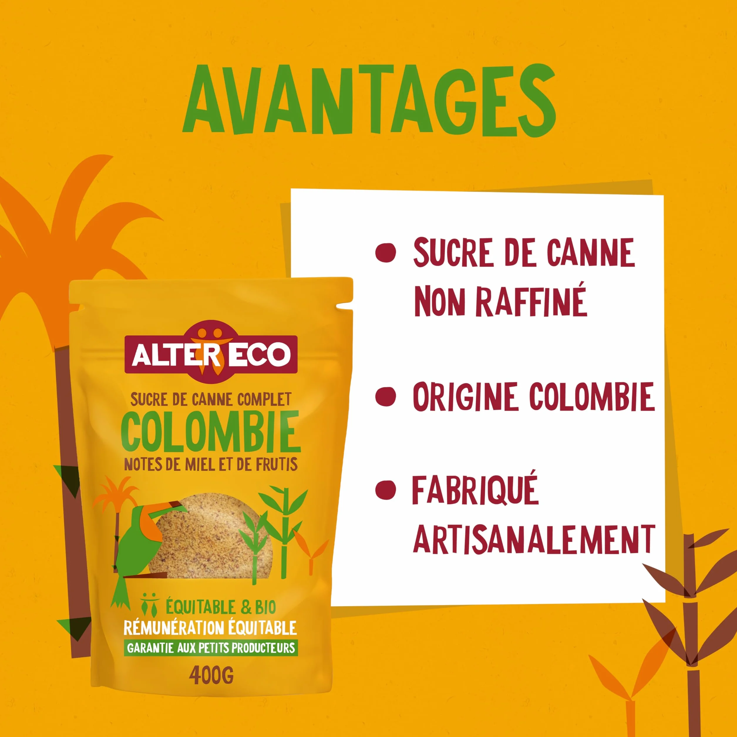 ALTER ECO - Sucre de Canne de Colombie - Sucre Complet Bio et Équitable - Origine Colombie - 400 g