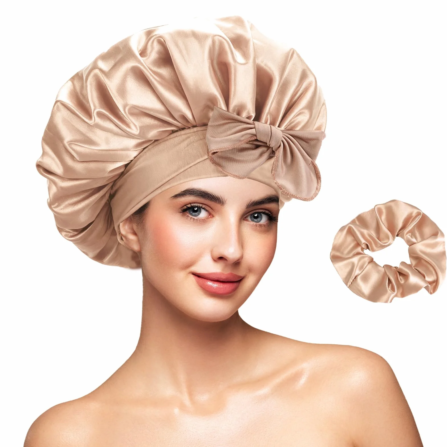 Bonnet de Nuit Réversible Double Couche en Satin avec Élastique Réglable, Set Bonnet et Chouchou pour Cheveux Bouclés