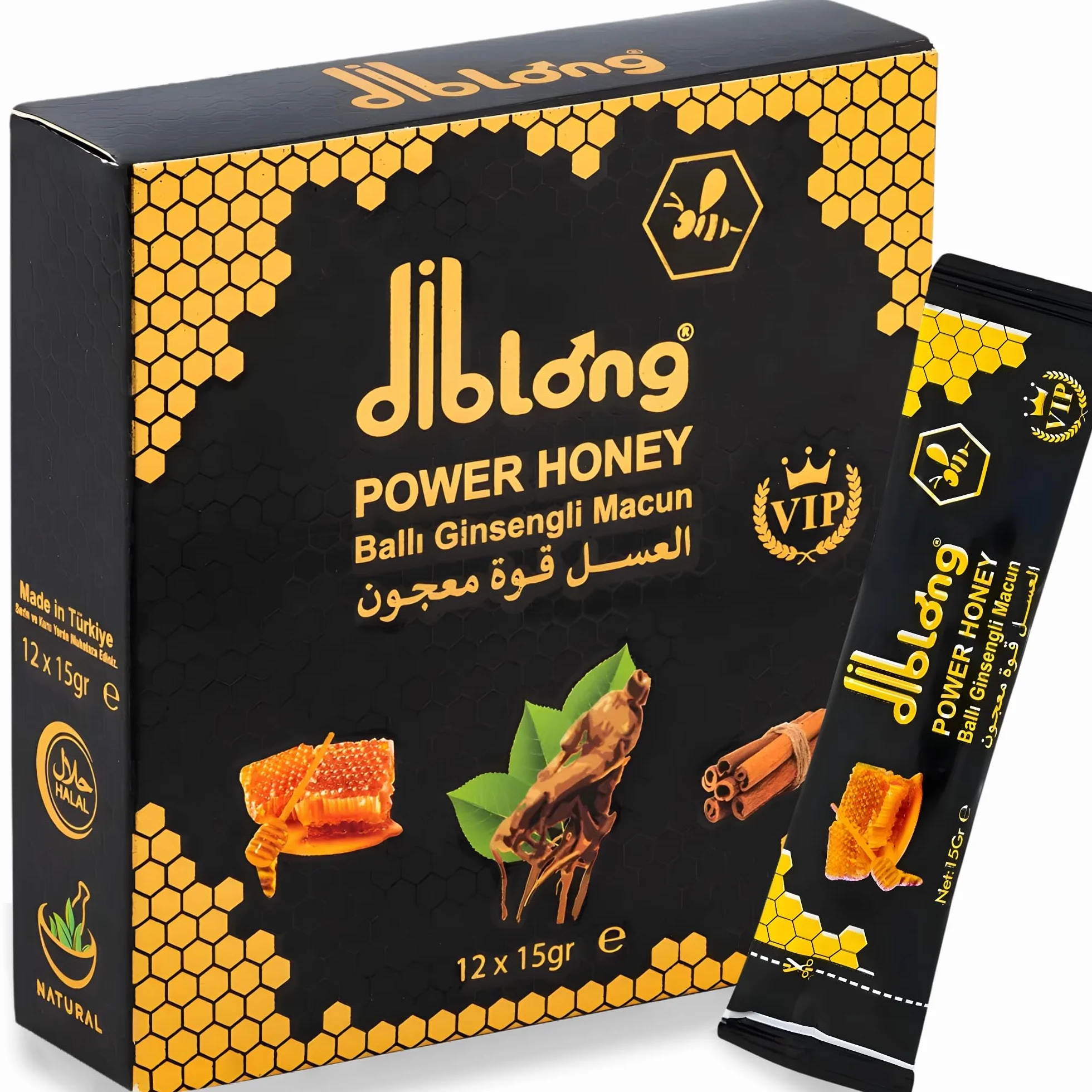 Diblong Miel Herbal Naturel – Lot de 12 Sachets x 15 g – Miel avec Ginseng, Maca et Gelée Royale – Fabriqué en Turquie