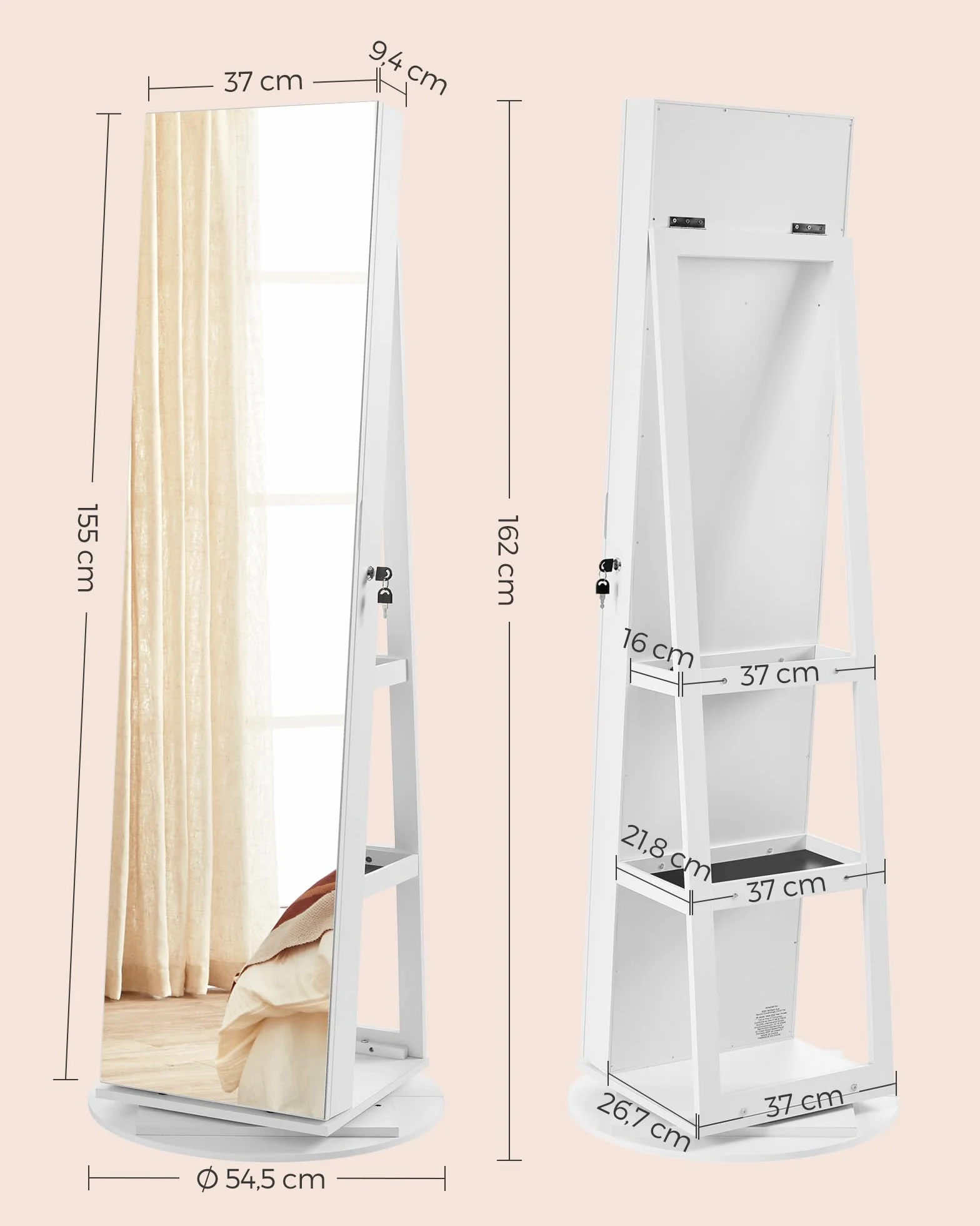 SONGMICS Armoire à Bijoux avec Miroir sur Pieds, Verrouillable, 6 LED, Pivotant 360°, 3 Étagères, Blanc, Noir