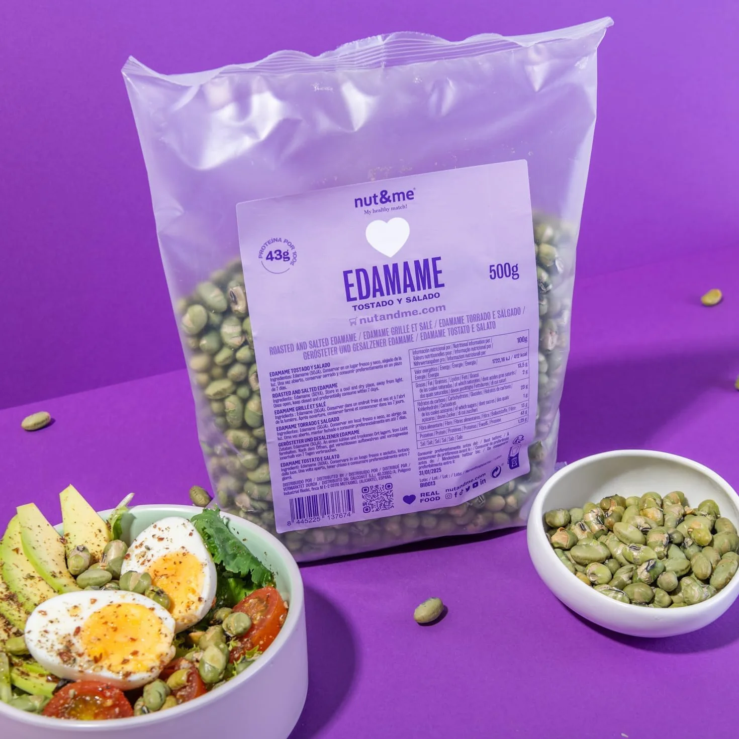 Edamame grillé et salé 500 gr nut&me | Sans gluten et sans sucres ajoutés | Riche en protéines | En-cas croquant | Une collation saine et riche en protéines pour vos pauses