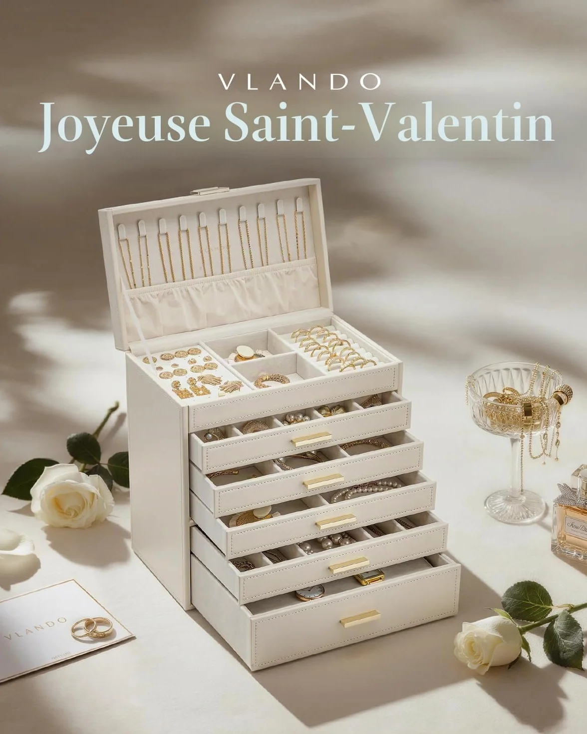 Vlando Boîte à bijoux moderne grande 6 niveaux avec tiroirs miroir coussinet pour montre