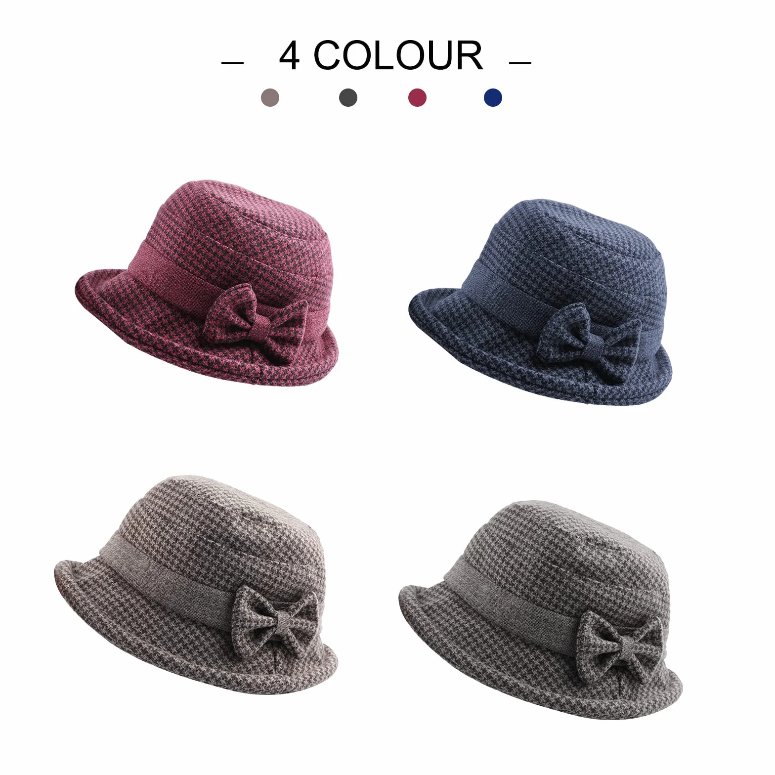 Adigaber Chapeau Melon Femme Bord Enroulable Hiver Rétro Cloche Nœud Réglable