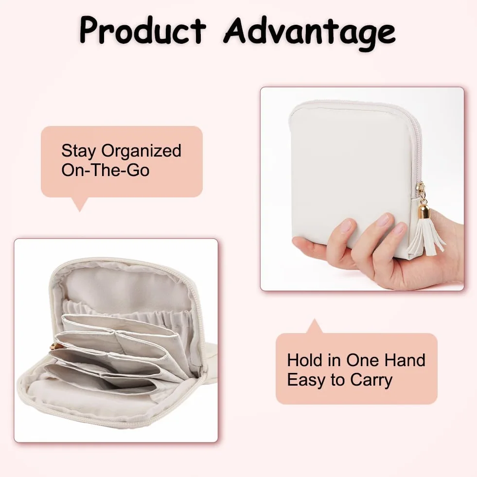 Pochette Bijoux Portable Multifonction Beige, Boîte à Bijoux de Voyage avec Franges