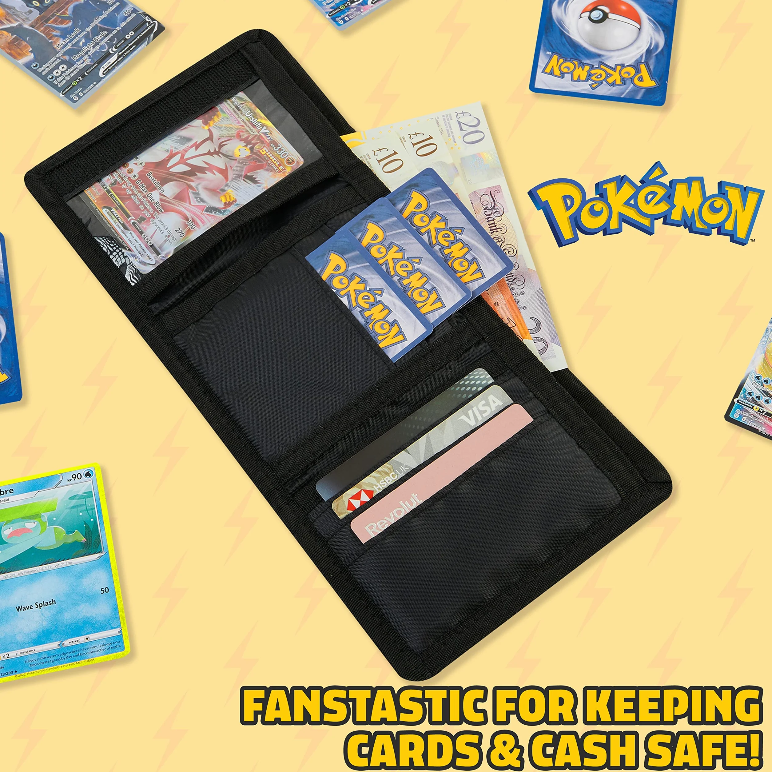 Pokémon Portefeuille Enfant Trifold Toile Poche ID Zippé Porte Clés Coffret Cadeau Pikachu Noir Jaune