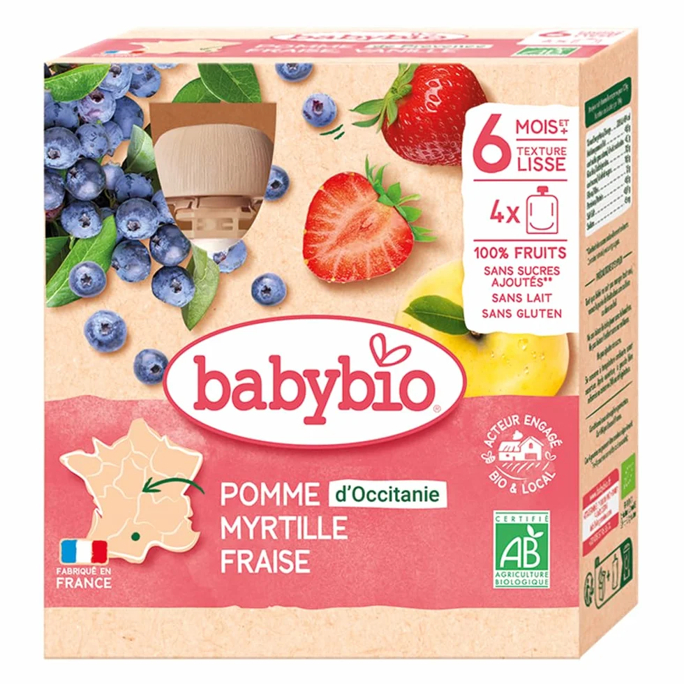 Babybio - Gourdes Fruits - Pomme Myrtille Fraise 4x90 g - 6+ Mois - BIO