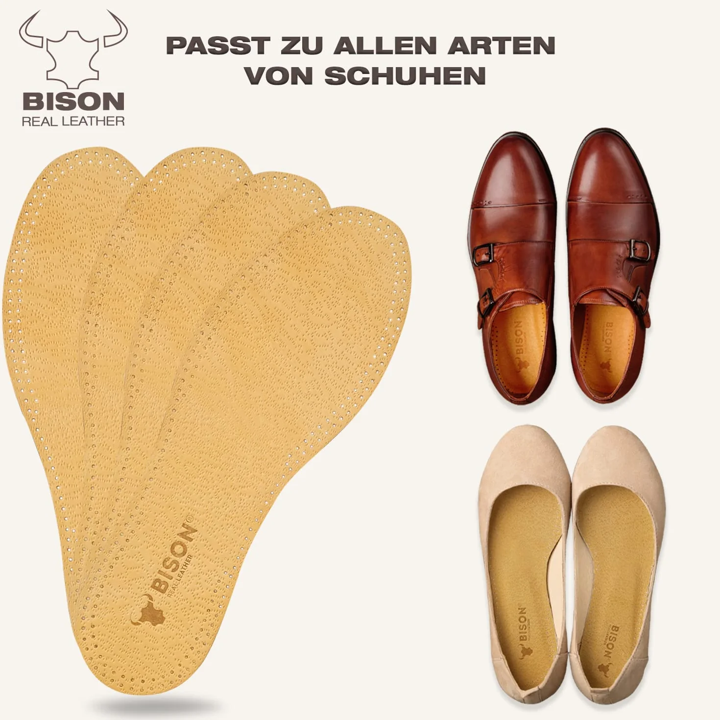 BISON Semelles Chaussures Confort 3 Paires - Semelle Cuir avec Liège - Anti Odeur et Transpiration Homme Femme (41/42, Beige)