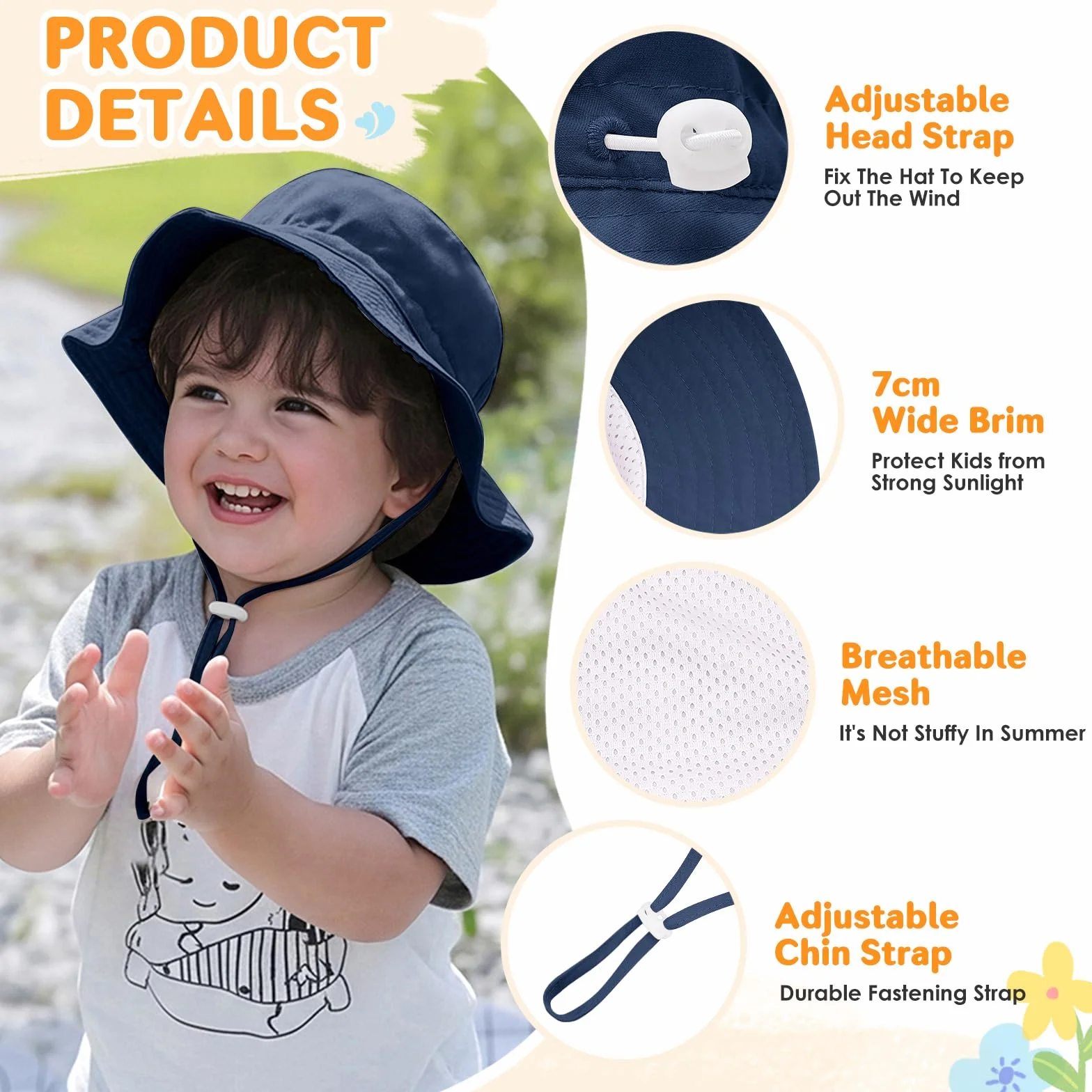 Xnova Bébé Enfant Chapeau de Soleil UPF 50+ Anti-UV Bucket Hat Large Bord Réglable