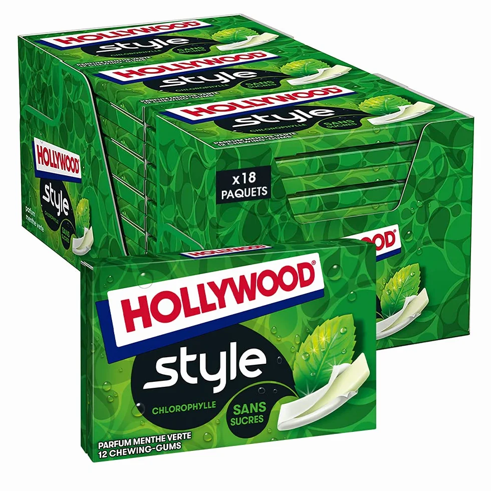 Hollywood Chewing Gum Style Parfum Chlorophylle Sans Sucres Lot 18 paquets 12 gums 23 g