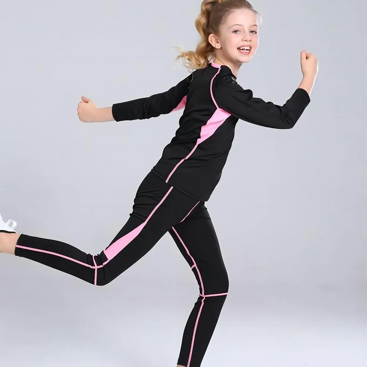 Linboo Survêtement de sport 2 pièces pour fille manches longues pantalon respirant élastique ensemble danse fitness enfants
