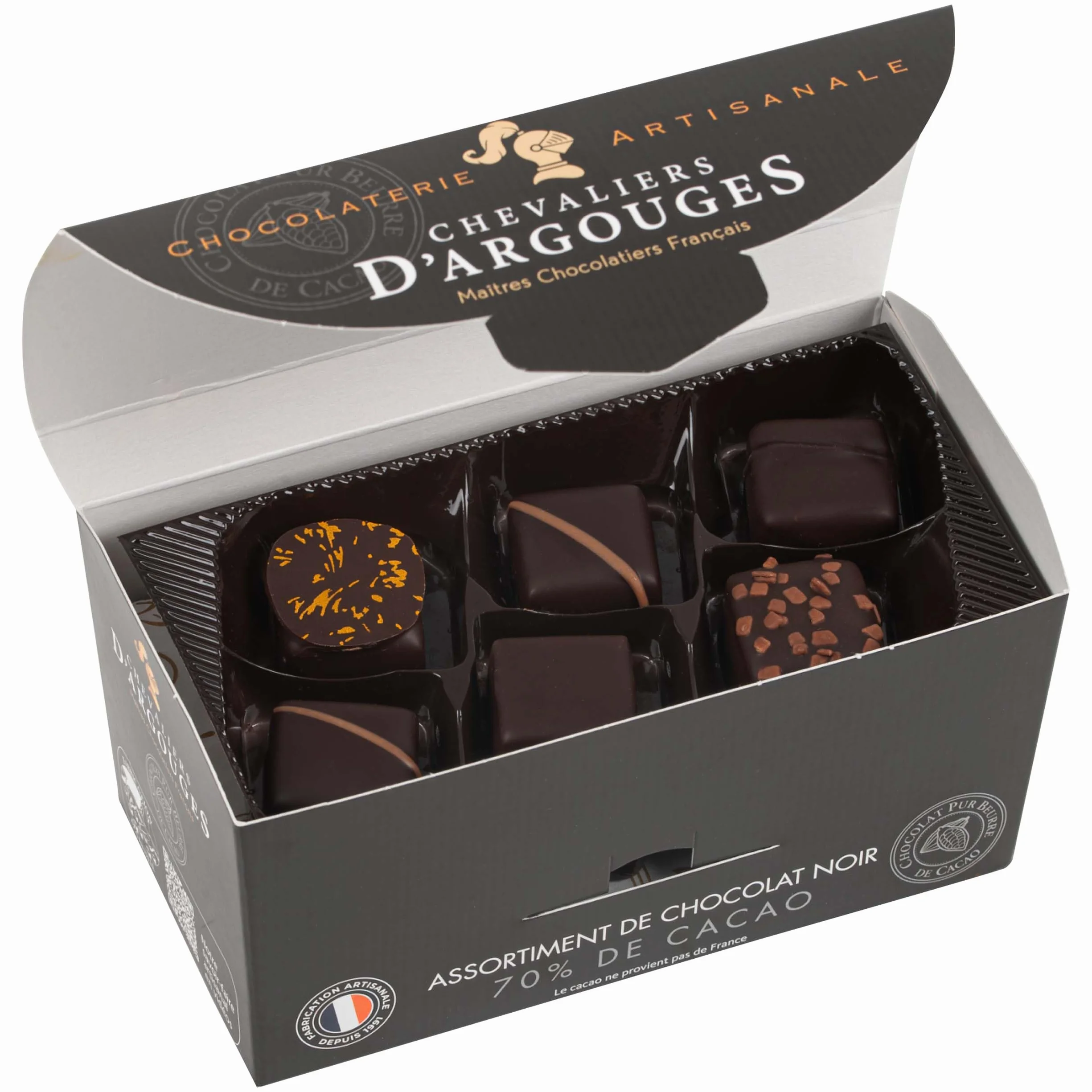 CHEVALIERS D'ARGOUGES Maîtres Chocolatiers Français - Assortiment de chocolats noir 70% - Ballotin dégustation 185g