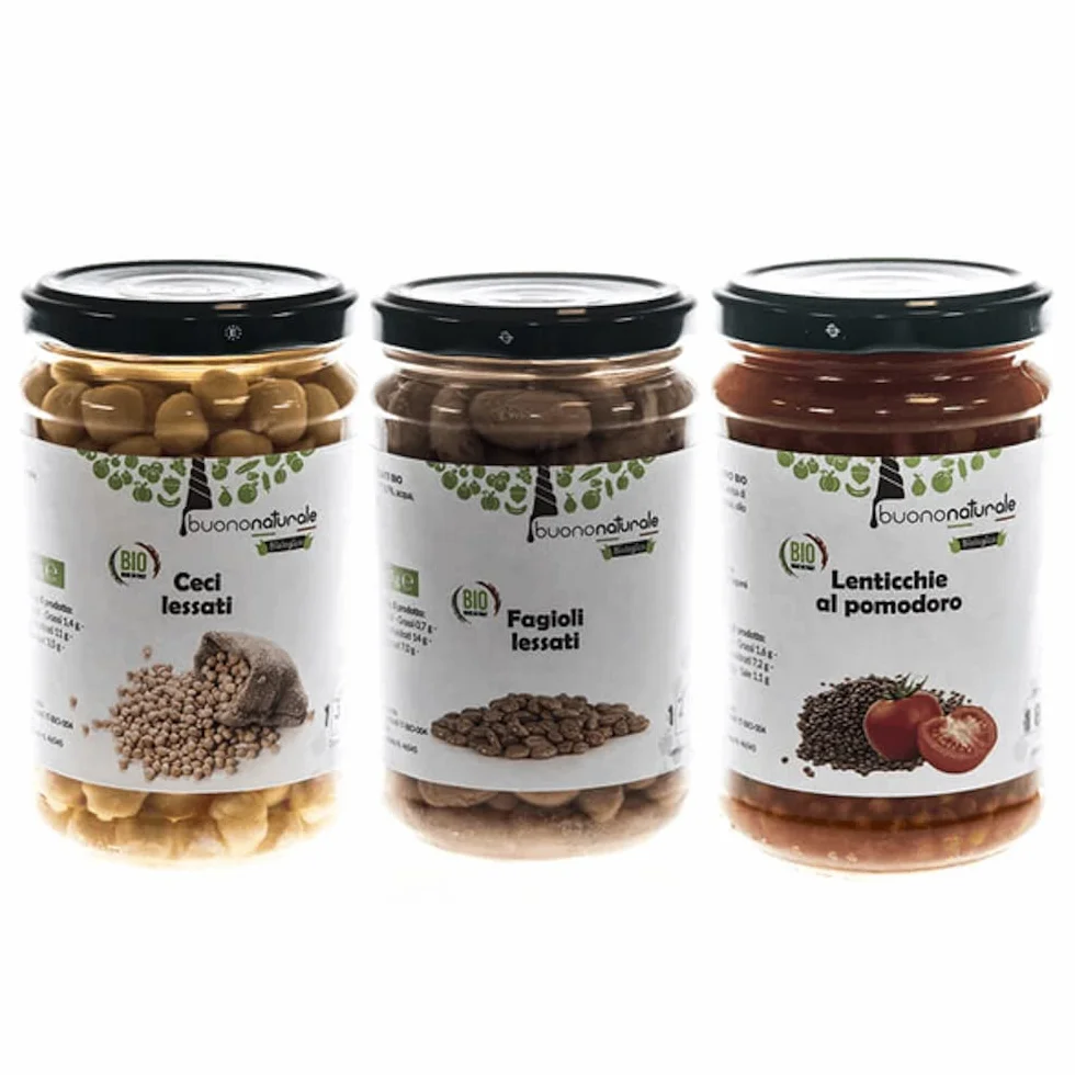 buononaturale Boîte aux légumes BIO 1,8kg — mélange de légumineuses italiennes bouillies: 2pcs Lentilles au tomate BIO, 2pcs Haricots borlotti bouillis BIO et 2pcs Pois chiches bouillis BIO (6x300g)