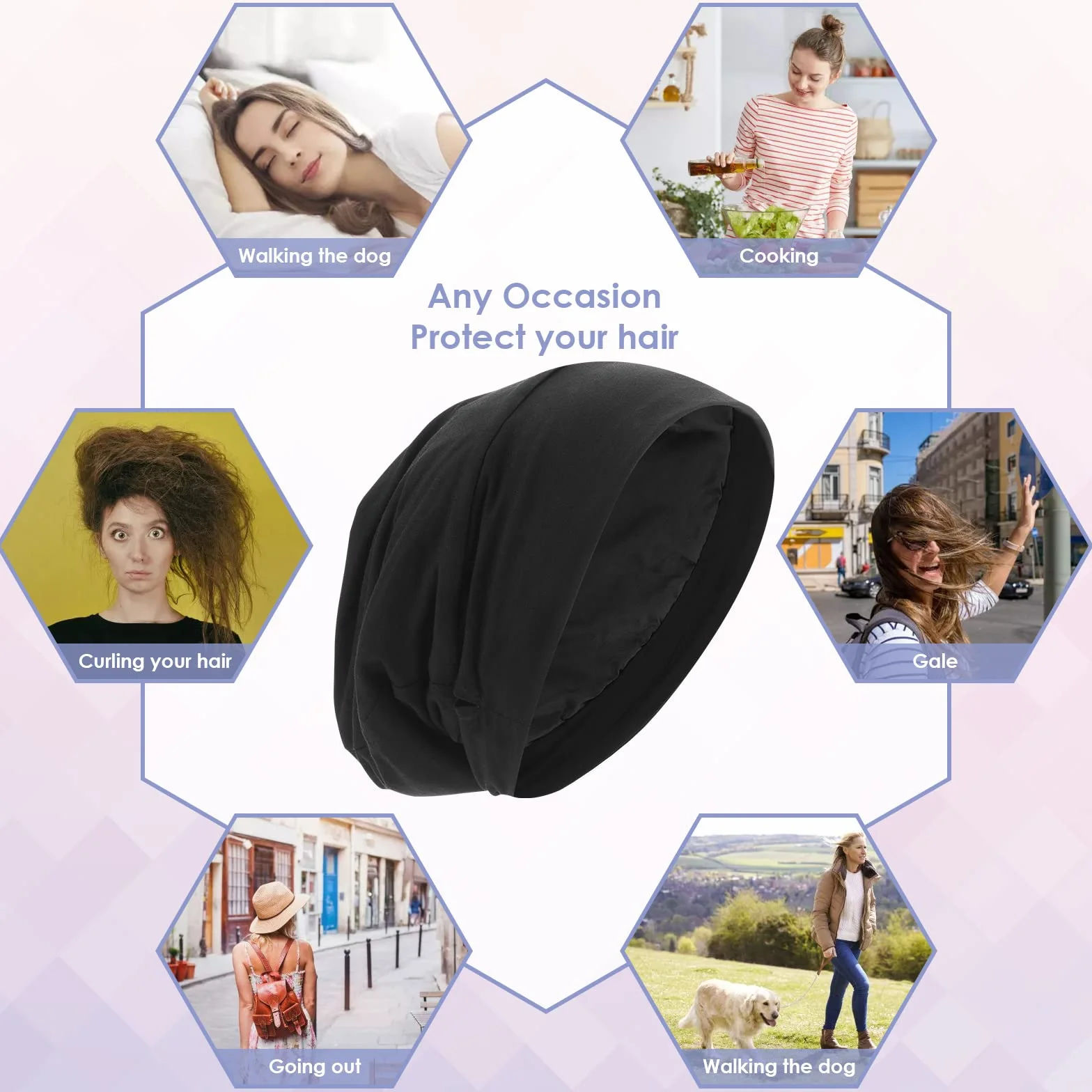 Bonnet de nuit en satin réglable avec doublure en soie - Noir