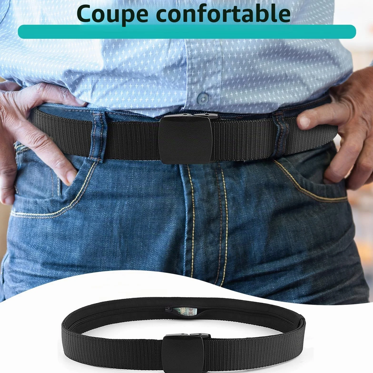 Ceinture de Voyage Porte-Monnaie avec Pochette Secrète, Cache Billets, Noir