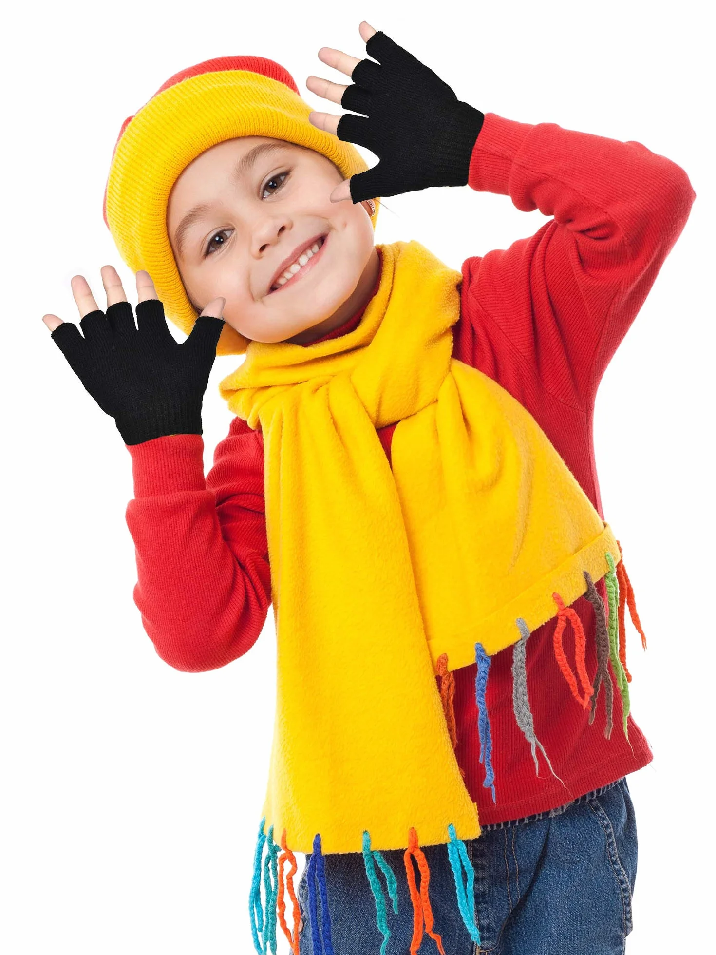Bememo Lot de 4 paires de mitaines d'hiver en tricot couleur unie pour enfants