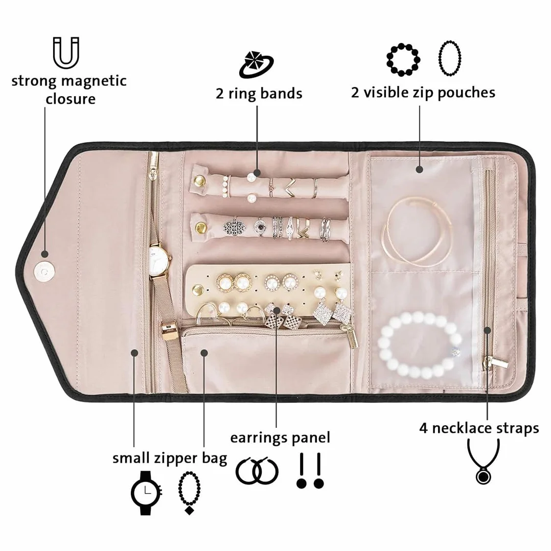 Pochette à Bijoux Voyage Rouleau Trousse Rangement pour Femmes Bagues Colliers Boucles d'Oreilles