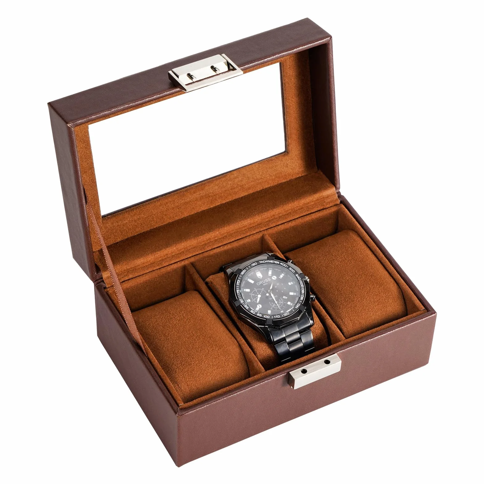 Procase Boîte à Montre Antichoc Coffret Montre Homme 3 Emplacements Coussins Rangement Couvercle Verre Marron