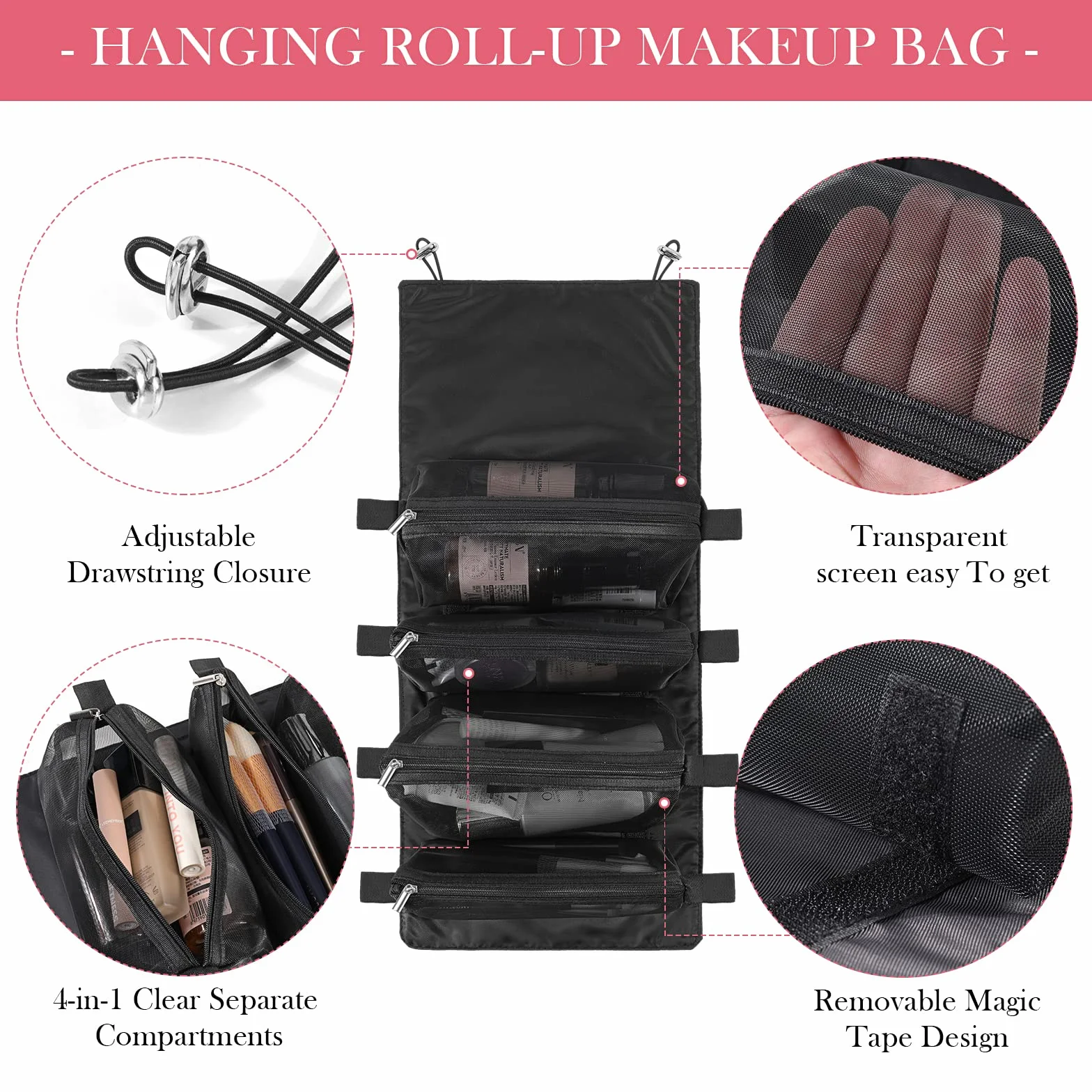 Trousse de Toilette Voyage Pliable Suspendre Détachables 4 en 1, Sac à Cosmétiques Noir